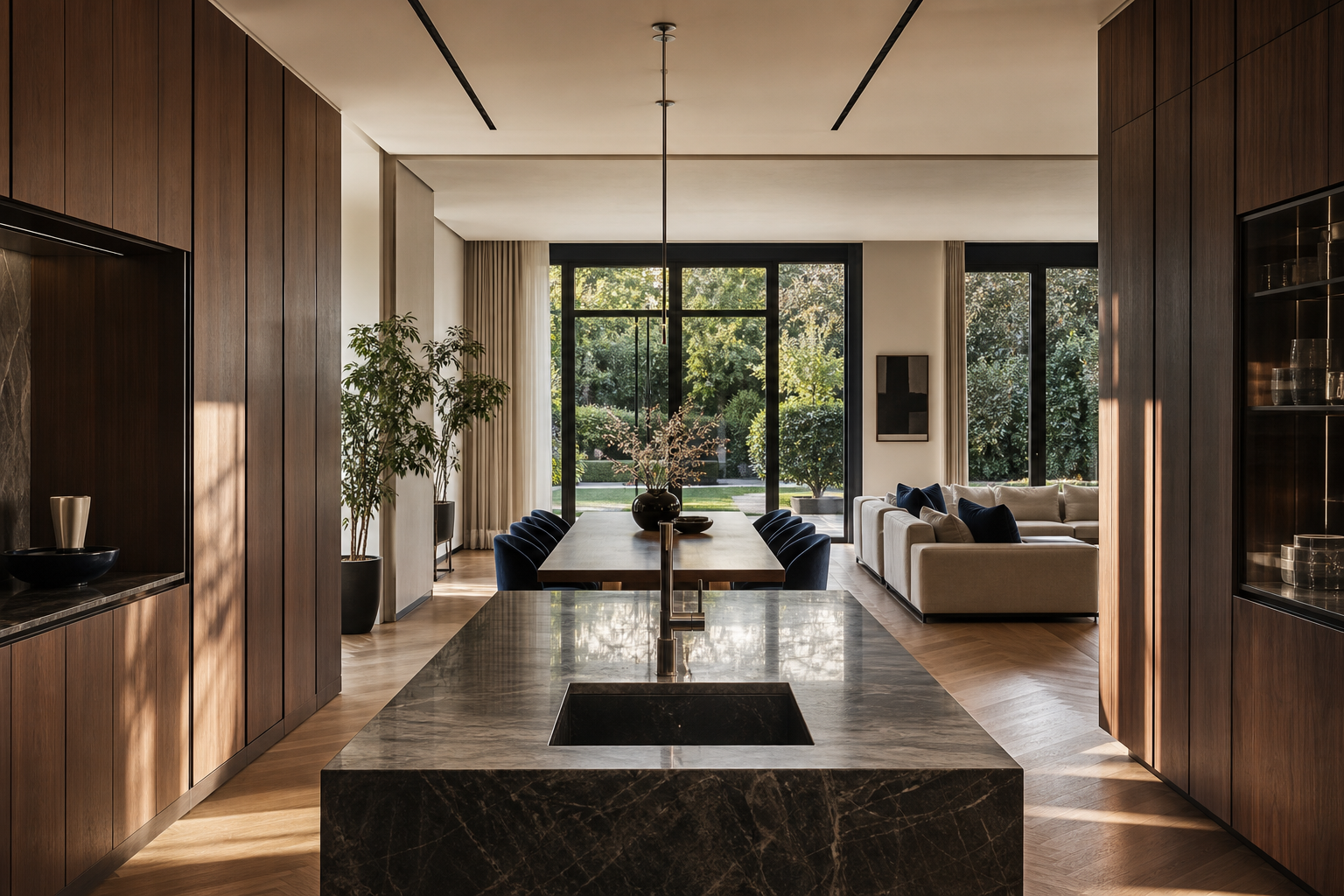 Fadior Milan 650 sqm Kitchen Villa — marble island, walnut cabinet wall, dining table, sofa, glass doors