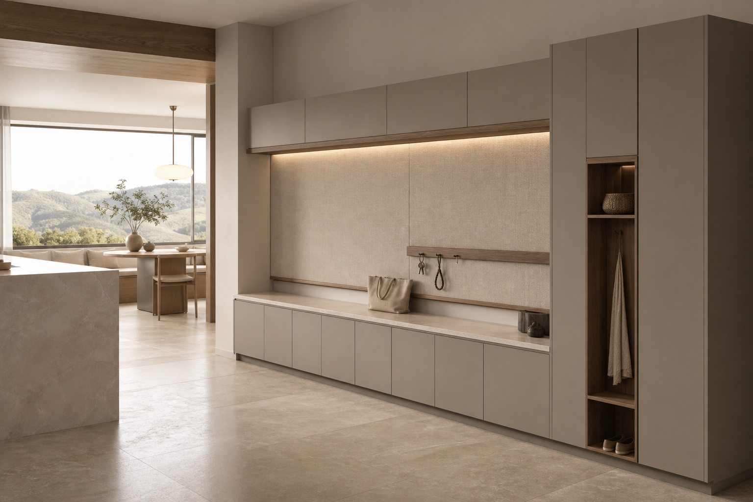 Fadior Ecliptic Entryway Suite with Linen Pinboard Keydrop Bench — interior room context showing cabinet integration