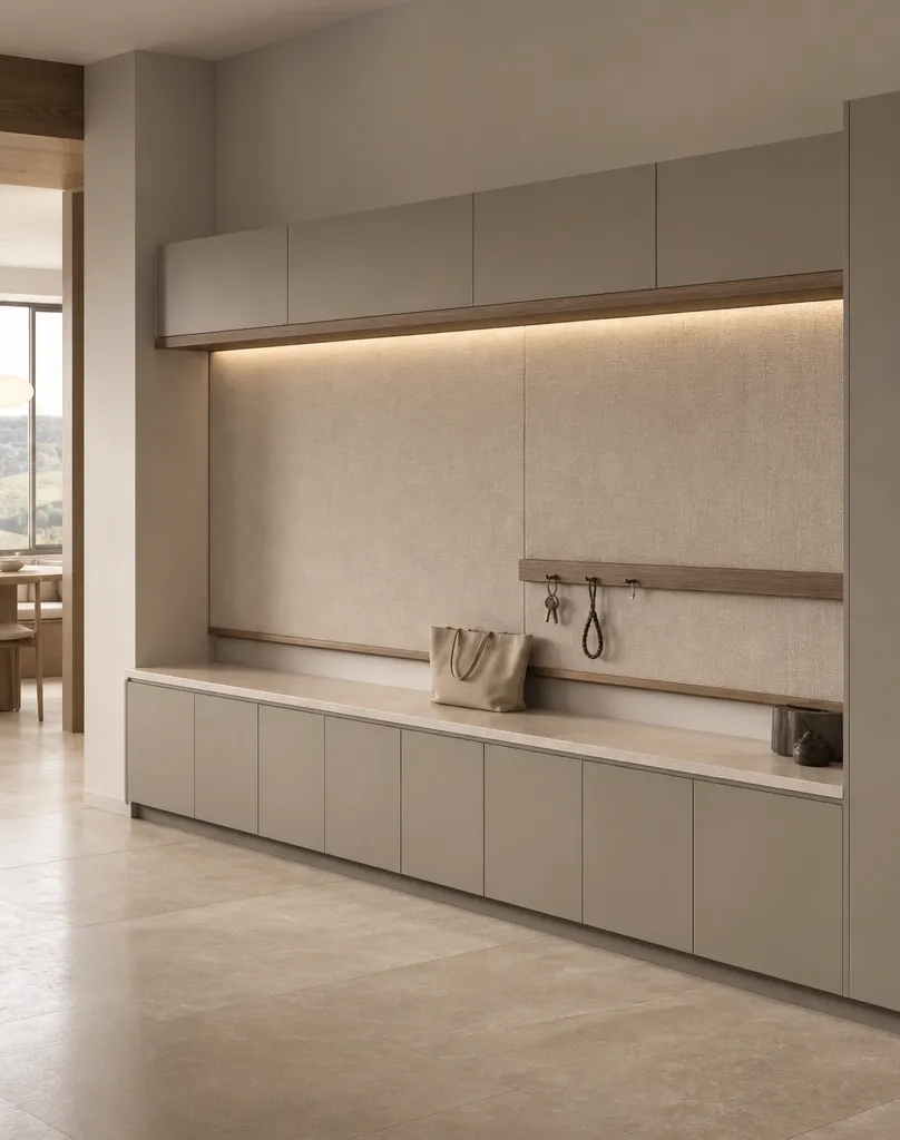 Suite de entrada Ecliptic con banco de tablero de anuncios de lino y llavero perspectiva interior