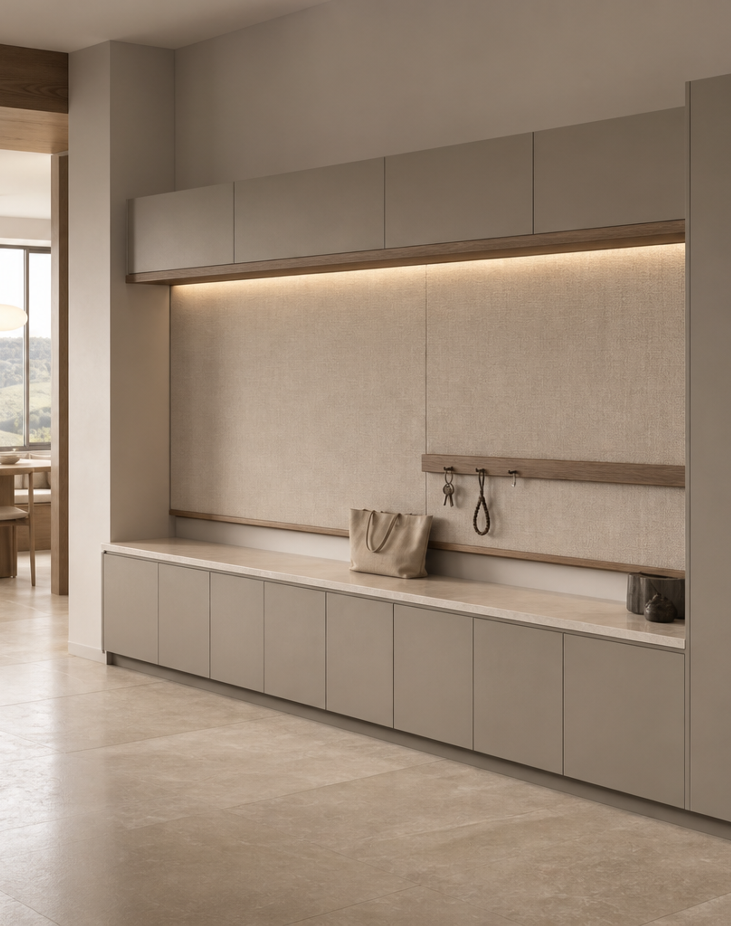 Fadior Ecliptic Entryway Suite with Linen Pinboard Keydrop Bench — interior room context showing cabinet integration
