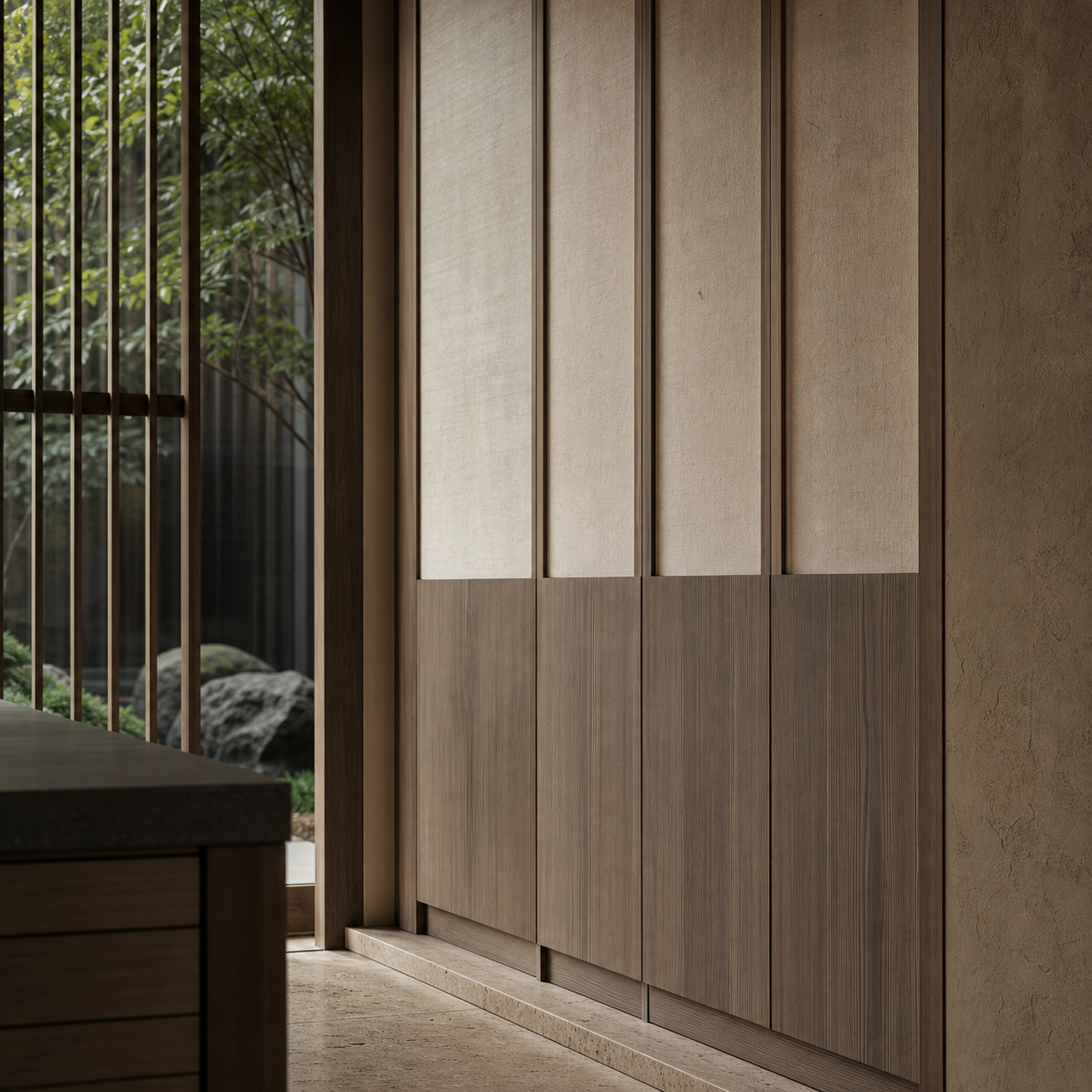 Fadior Resonance Wardrobe Suite with Washi Datum Portal — close-up of stainless steel finish and hardware detail