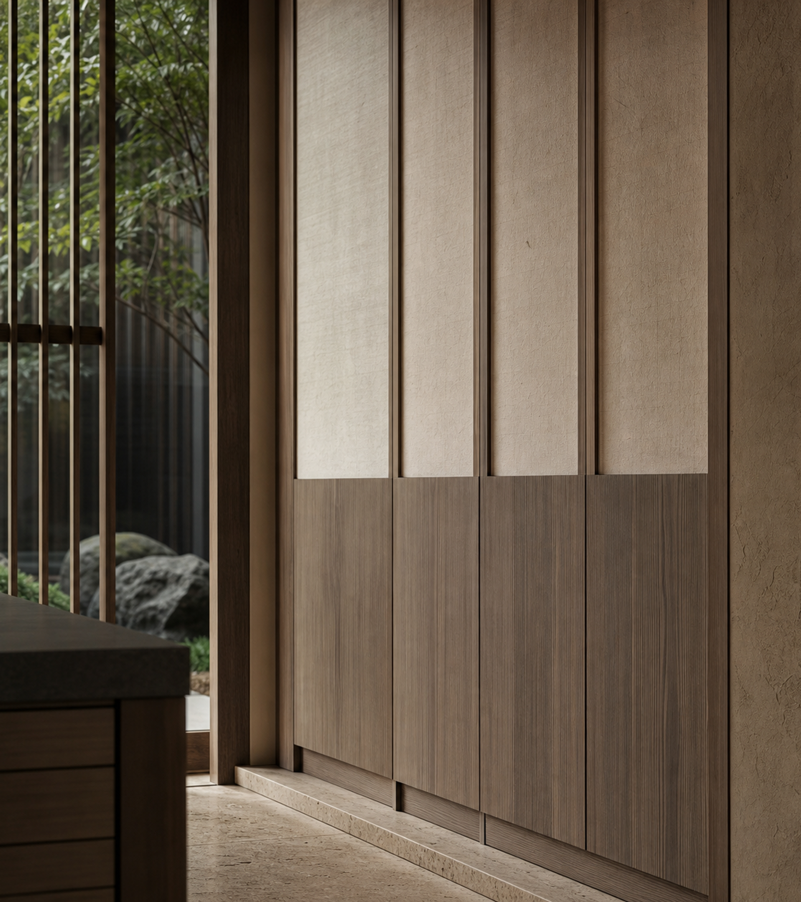 Fadior Resonance Wardrobe Suite with Washi Datum Portal — close-up of stainless steel finish and hardware detail