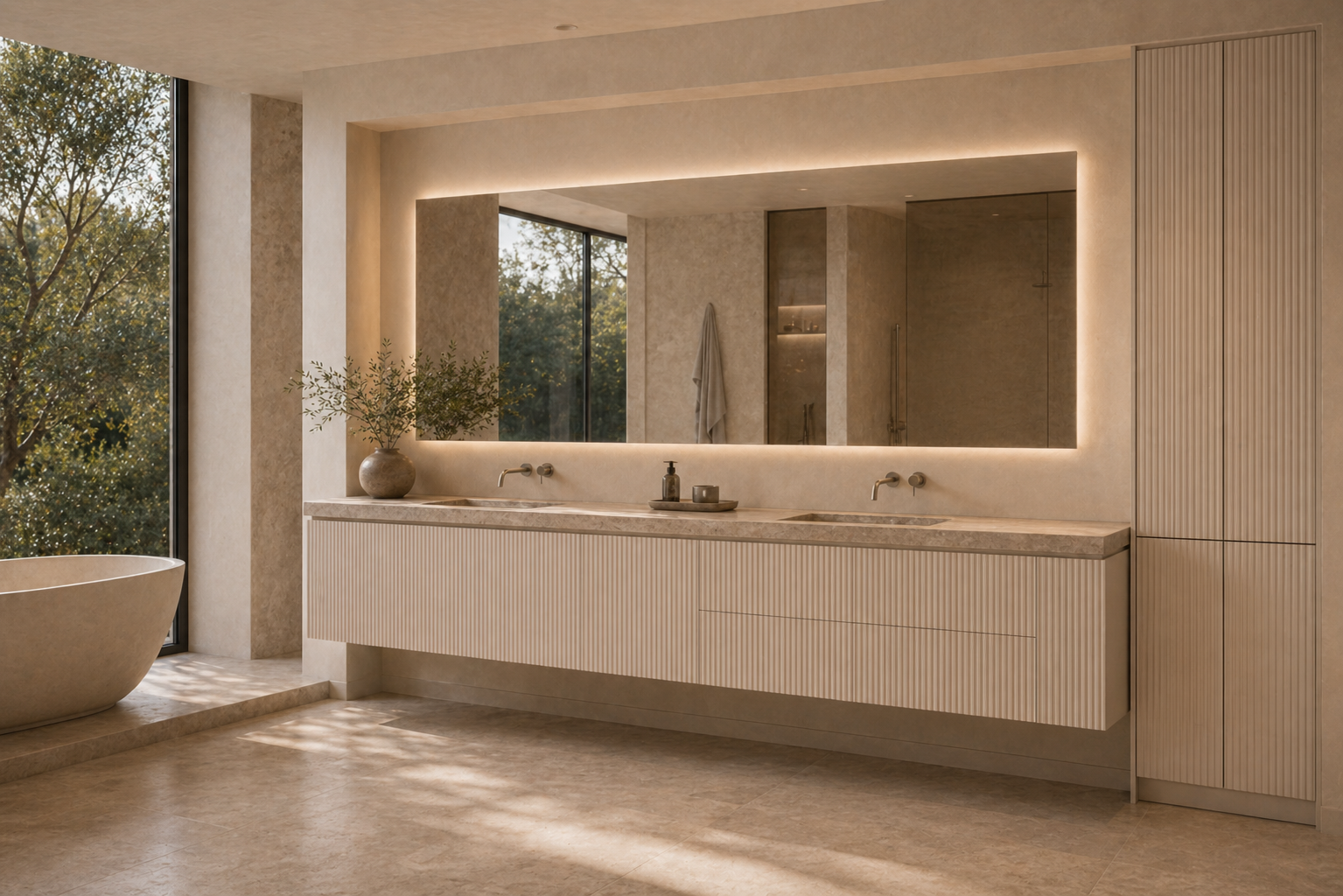 Fadior Ethereal Bath and Vanity Suite with Fluted Cloudlight Vanity Bay — interior room context showing cabinet integration
