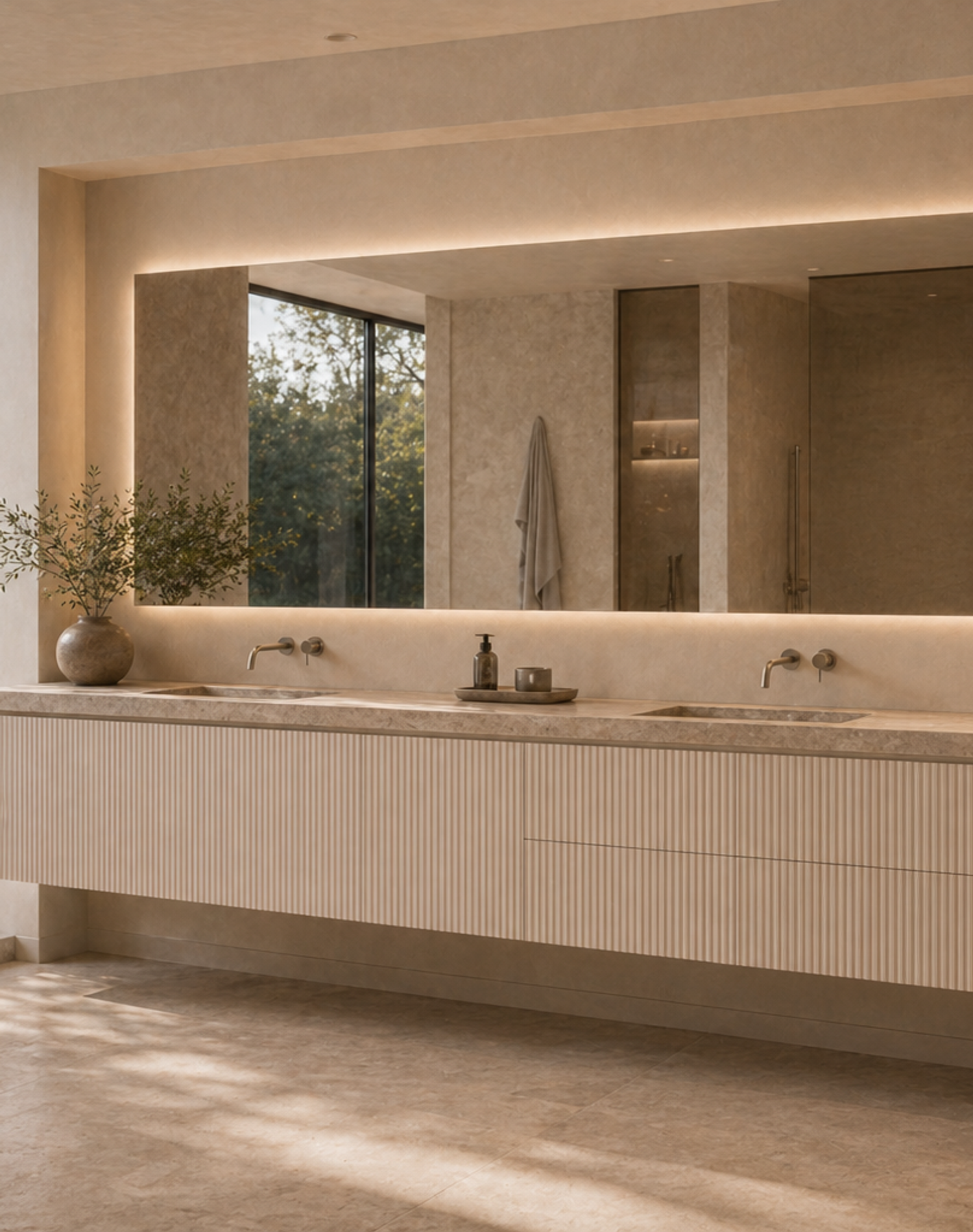 Fadior Ethereal Bath and Vanity Suite with Fluted Cloudlight Vanity Bay — interior room context showing cabinet integration