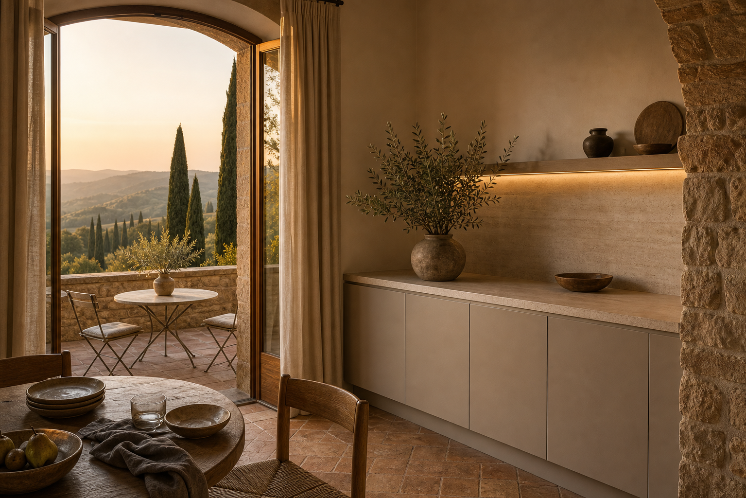 Fadior Siena Compact Residence — service counter, dining table, terracotta floor, arched doorway, linen curtains, cypress view