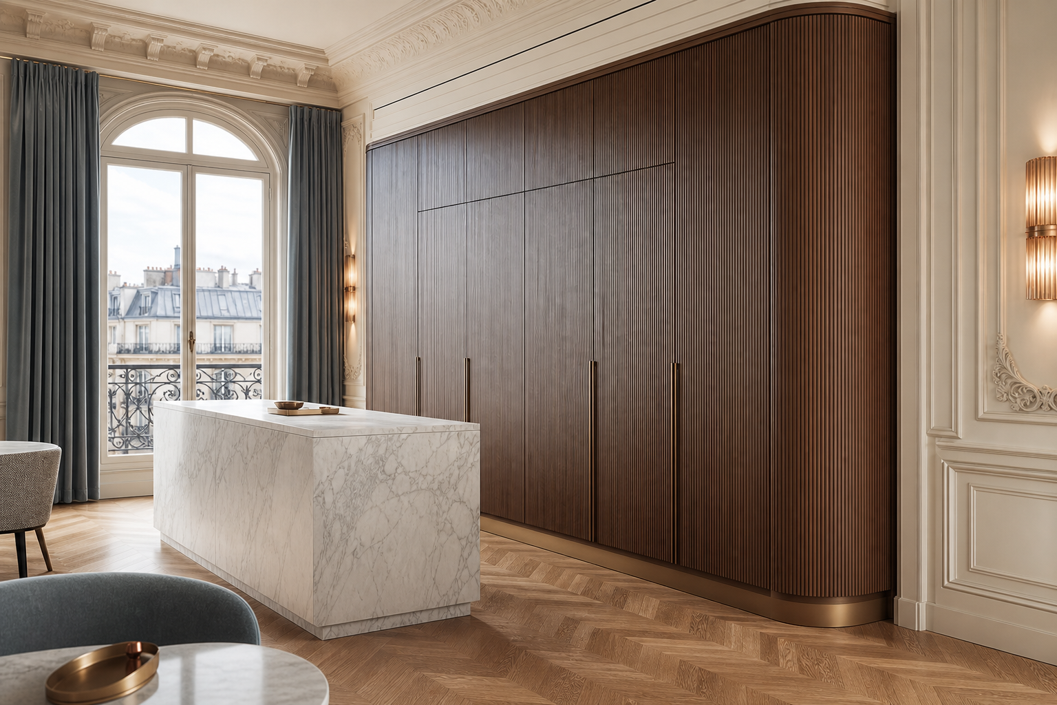 Fadior Meridian Kitchen Suite with Reeded Walnut Social Galley — interior room context showing cabinet integration