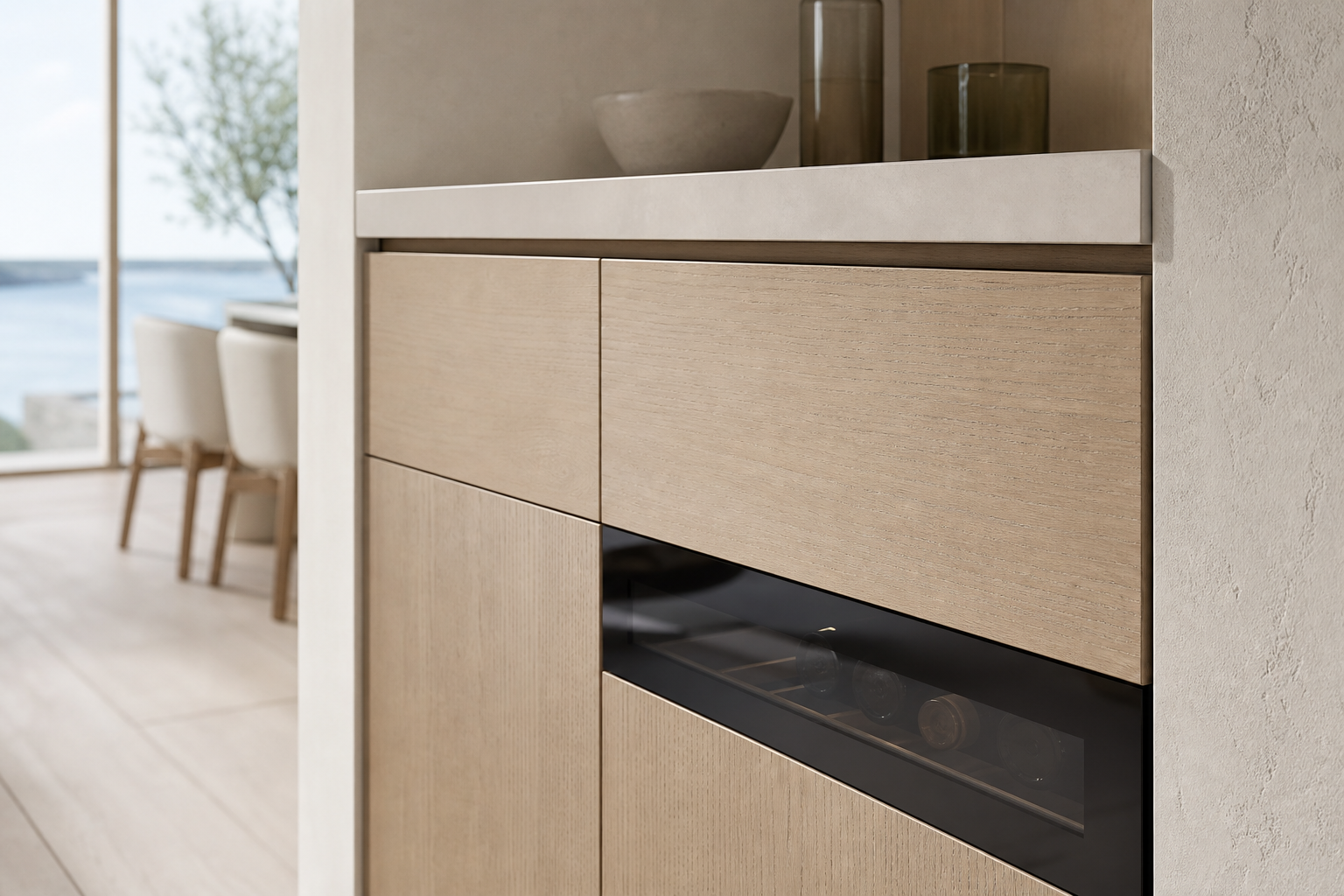 Fadior Grotto Wine Cabinet Suite with Profile Beverage Pairing Wall — close-up of stainless steel finish and hardware detail