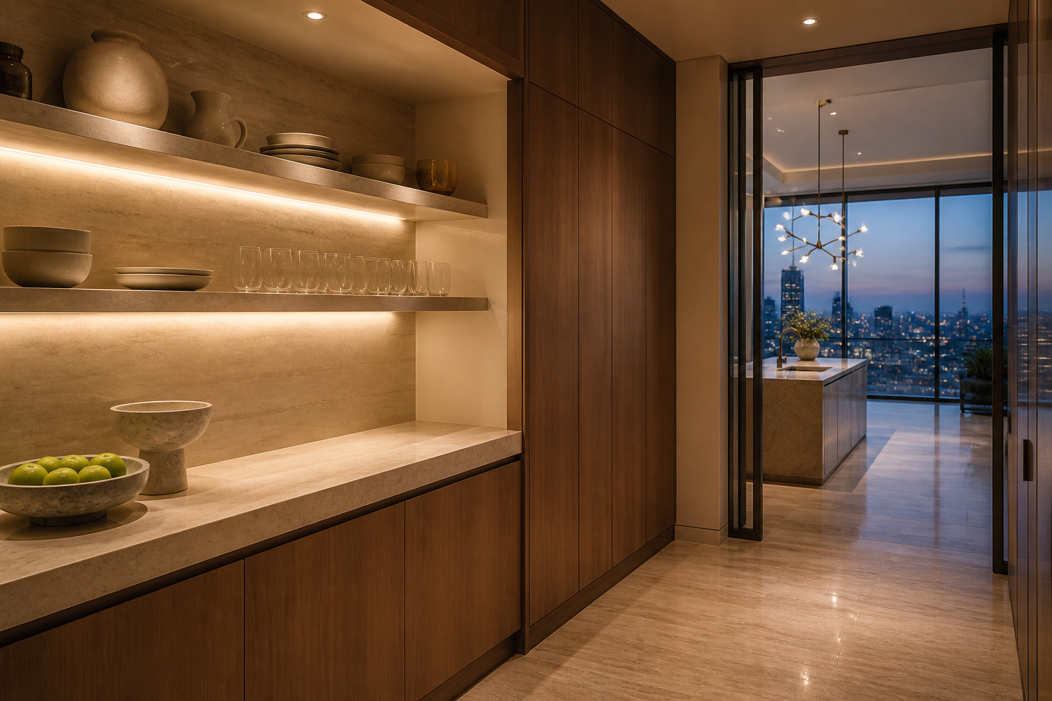 Fadior Dubai 210 sqm Kitchen Penthouse — Dubai Kitchen Penthouse — pantry, shelves, counter, cabinet, stone