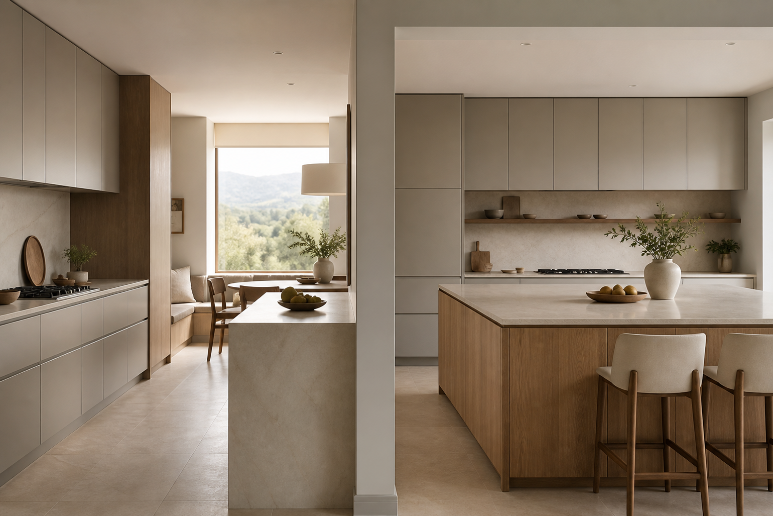 Two custom kitchen layout directions showing prep-focused and hosting-focused room planning.