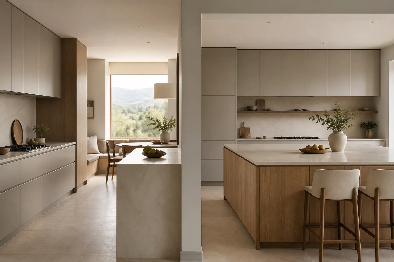 Two custom kitchen layout directions showing prep-focused and hosting-focused room planning.