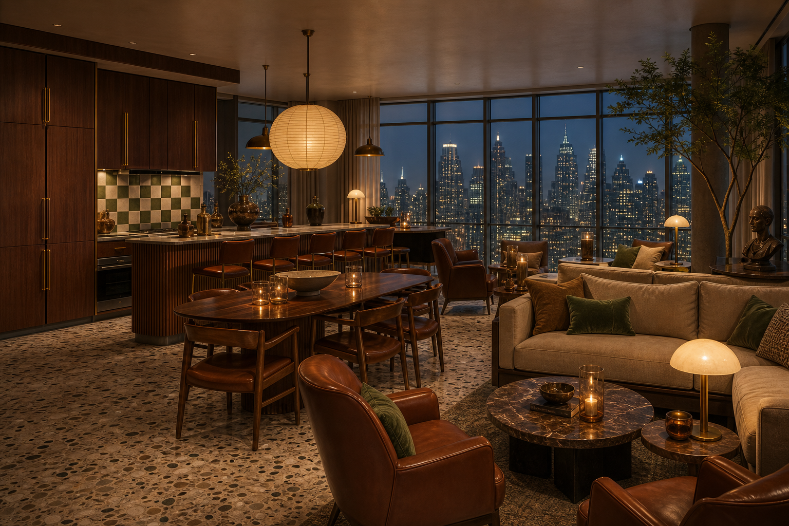 Fadior Dubai Skyline Penthouse — Dubai penthouse lounge with sofa, dining table, breakfast bar, cabinet wall, pendant lights,