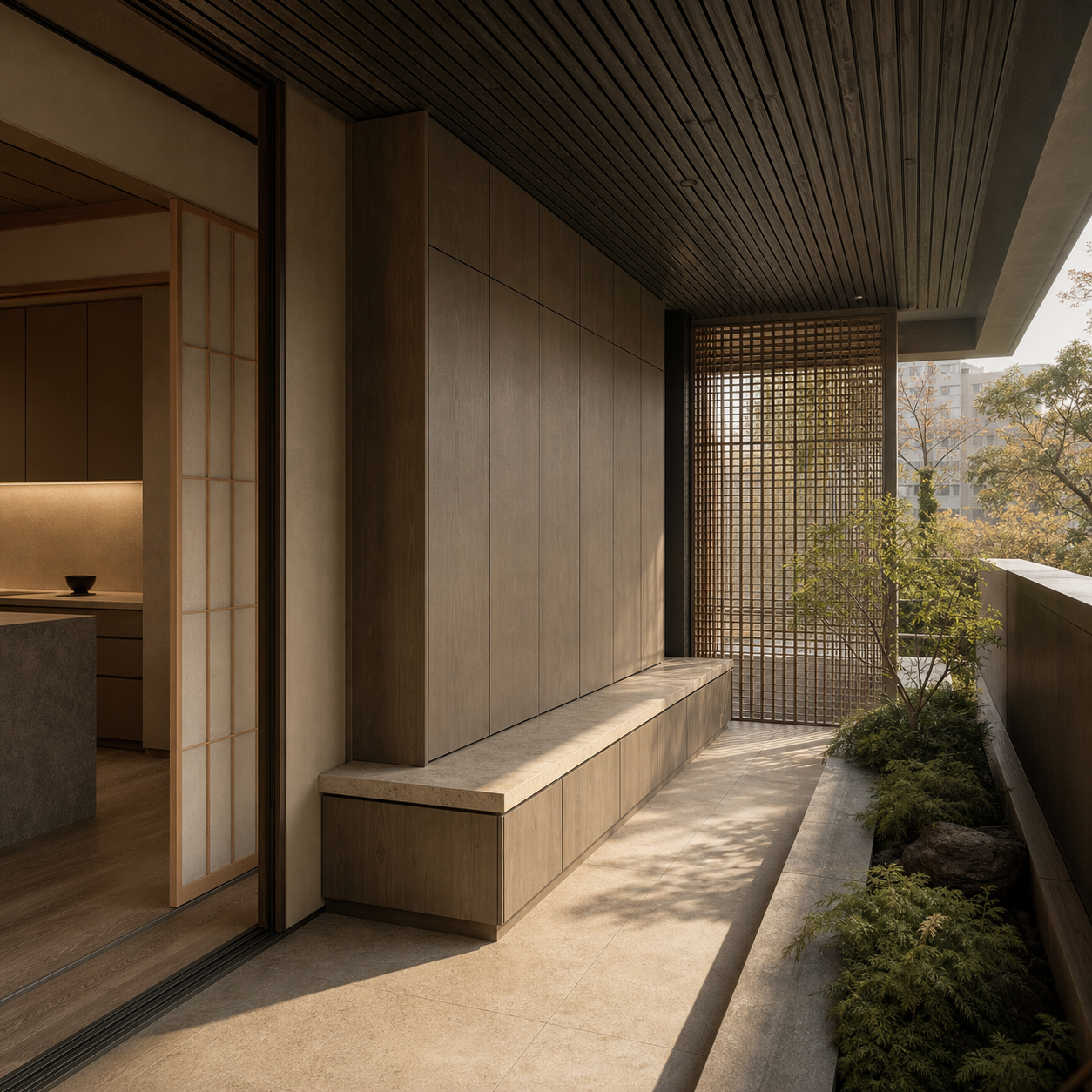 Fadior Dusk Shadowline Planter Bench — interior room context showing cabinet integration