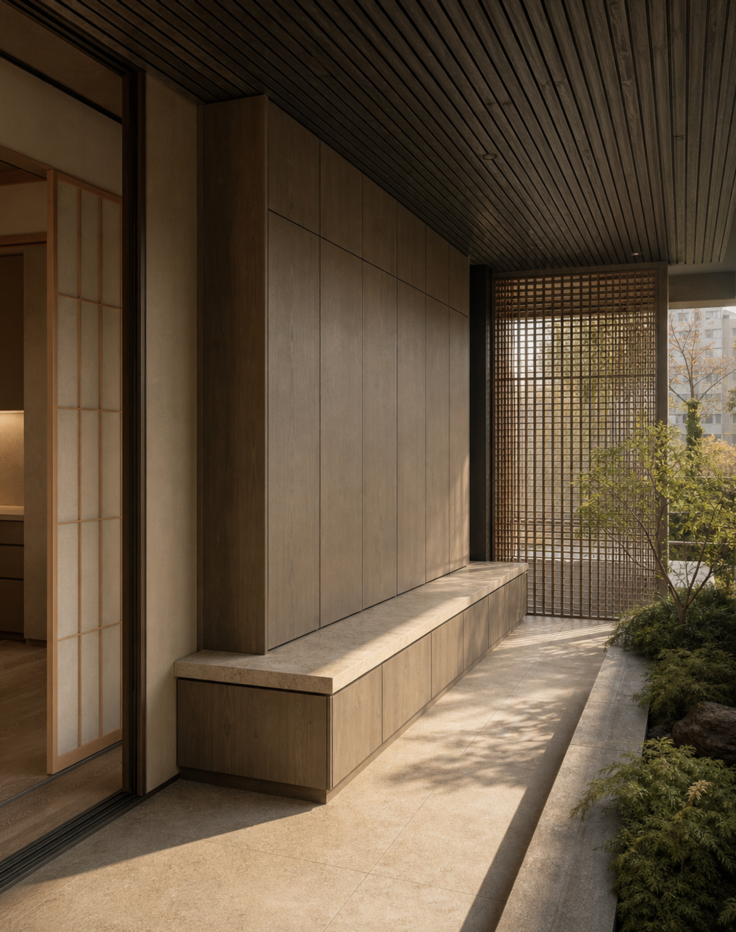 Fadior Dusk Shadowline Planter Bench — interior room context showing cabinet integration