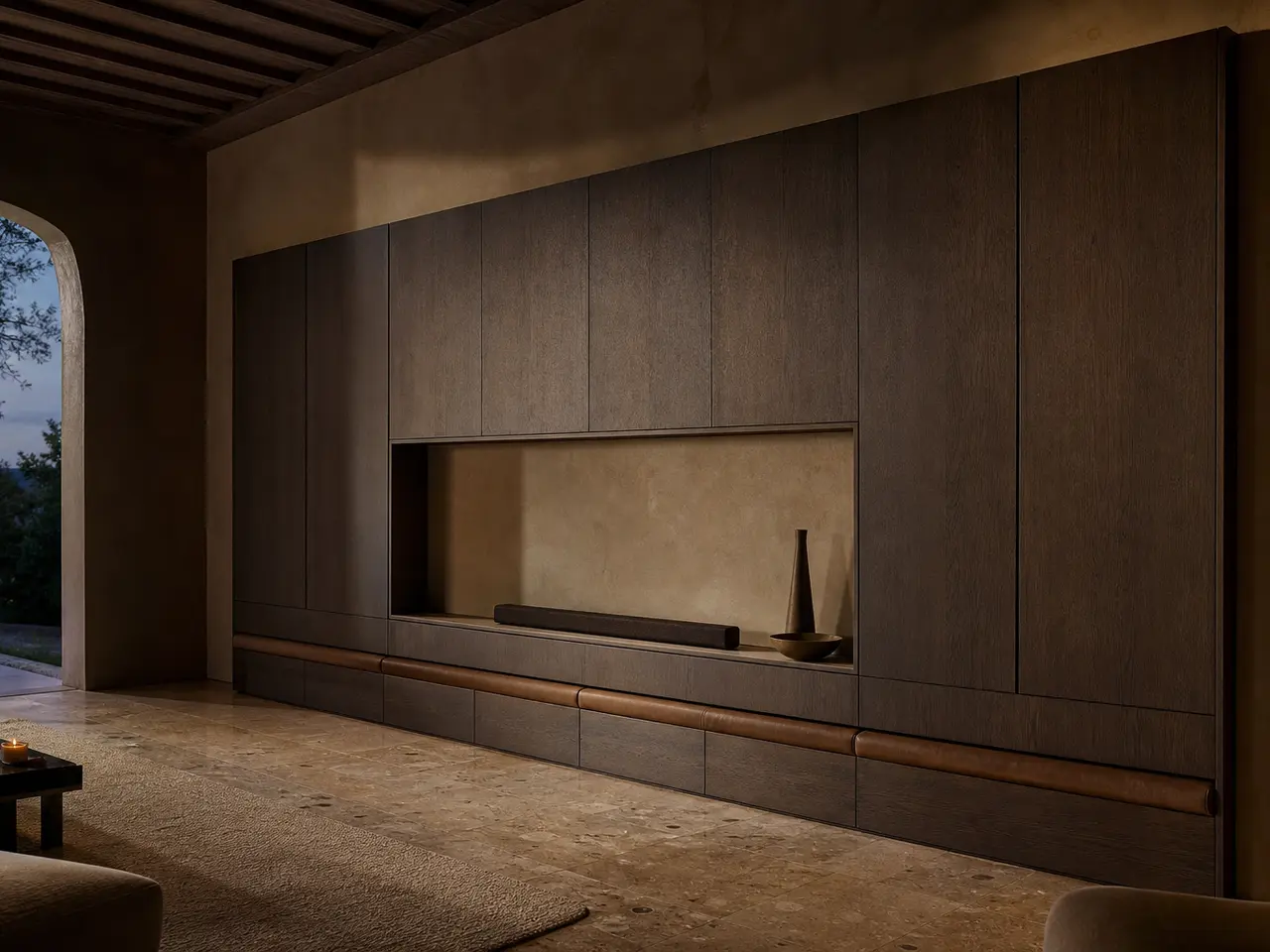 Fadior Conjunto de sala de estar Zenith con Pivot Gallery Sound Bar - salón a medida en acero inoxidable 304 con acabados residenciales, almacenamiento y planificación por estancia