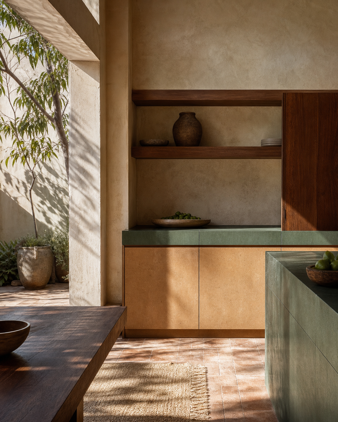 Warm cabinet material scene with clay wall, green counter plane, wood storage, and terracotta floor.