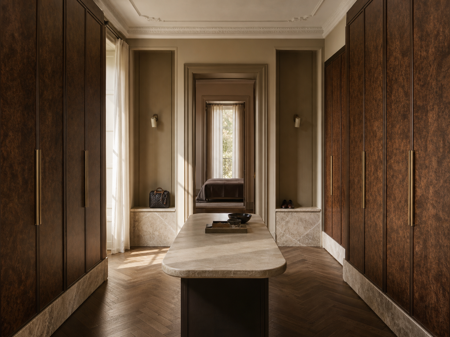 Fadior Canopy Wardrobe Suite with Pearl Shoe Valet Passage — interior room context showing cabinet integration