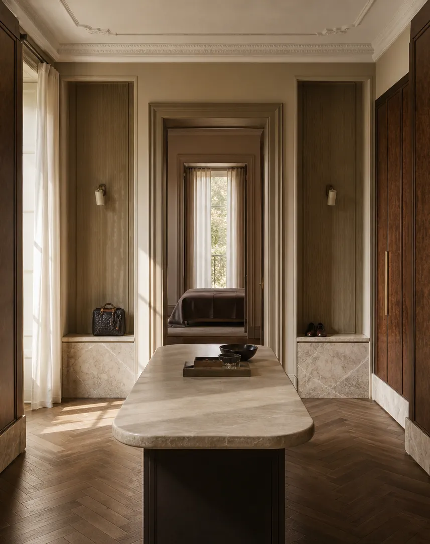 Fadior Canopy Wardrobe Suite with Pearl Shoe Valet Passage — interior room context showing cabinet integration