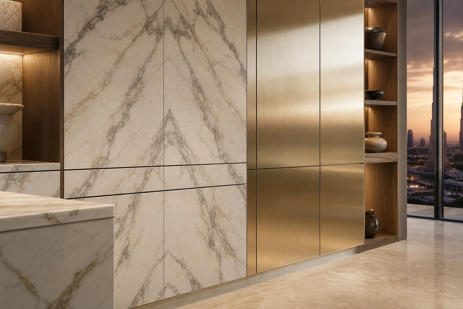 Fadior Atelier Kitchen Suite with Volume-Matched Chef Wall — close-up of stainless steel finish and hardware detail