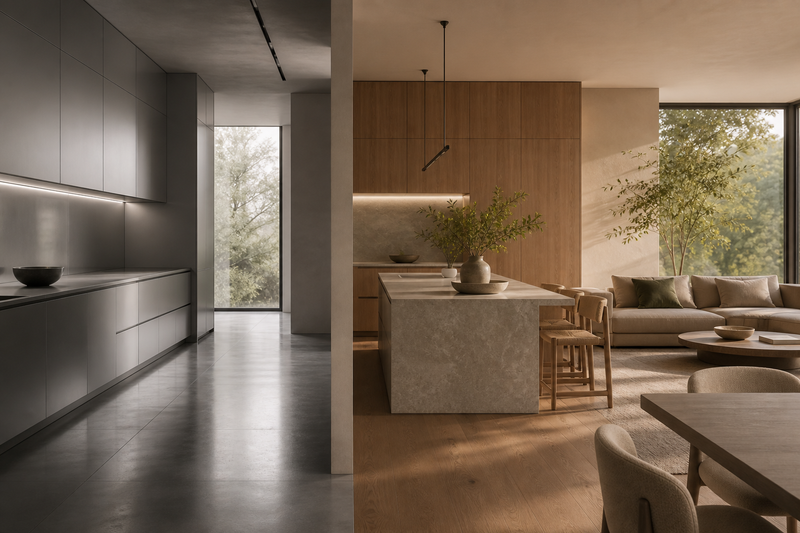 Decision comparison scene: a cooler monochrome kitchen edge contrasted with a warmer open-plan cabinetry and living context.