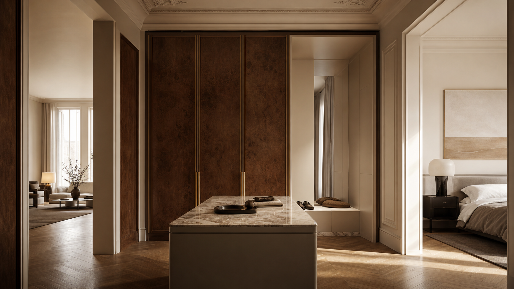 Fadior Canopy Wardrobe Suite with Pearl Shoe Valet Passage — lifestyle setting with natural light and residential styling