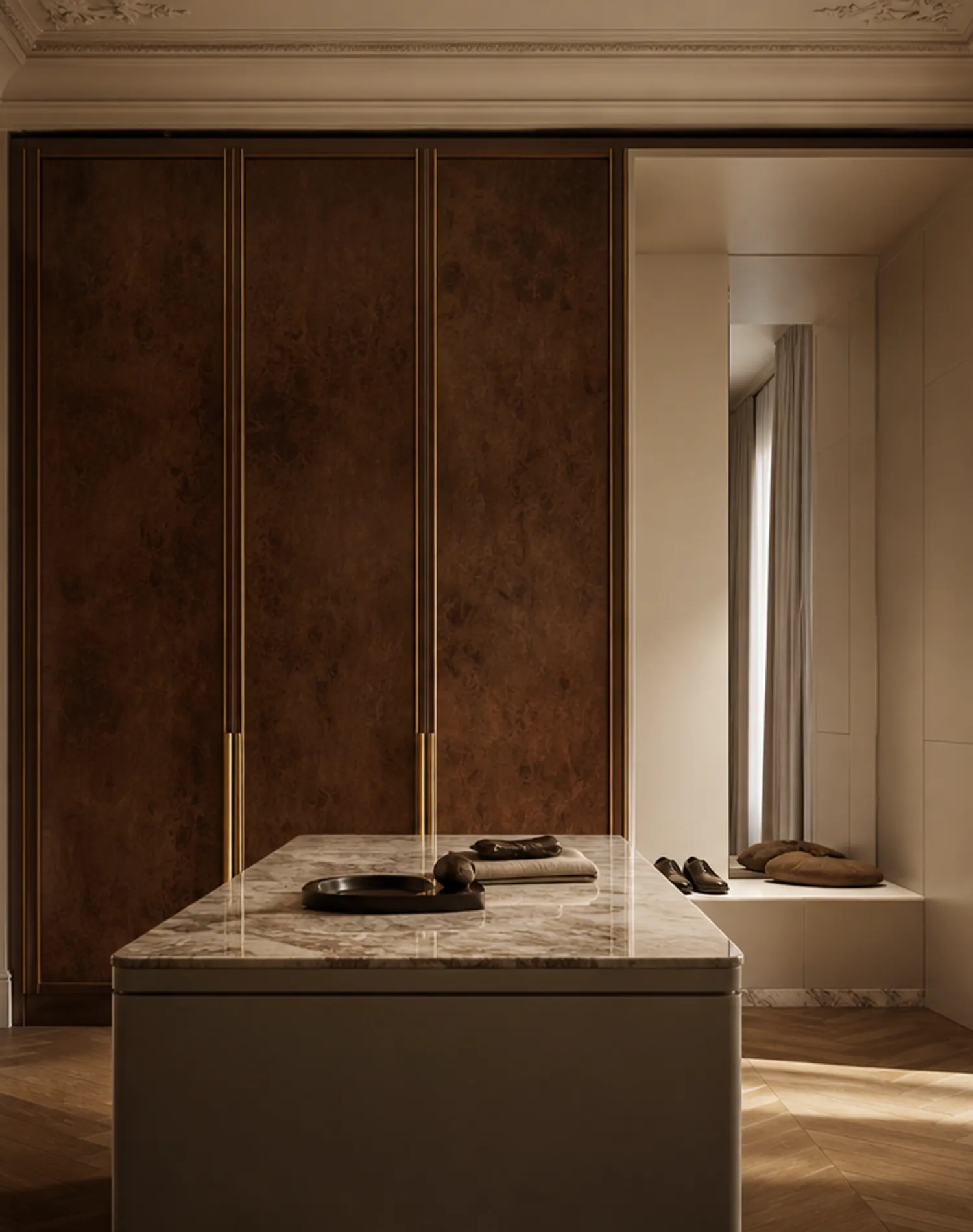 Fadior Canopy Wardrobe Suite with Pearl Shoe Valet Passage — lifestyle setting with natural light and residential styling