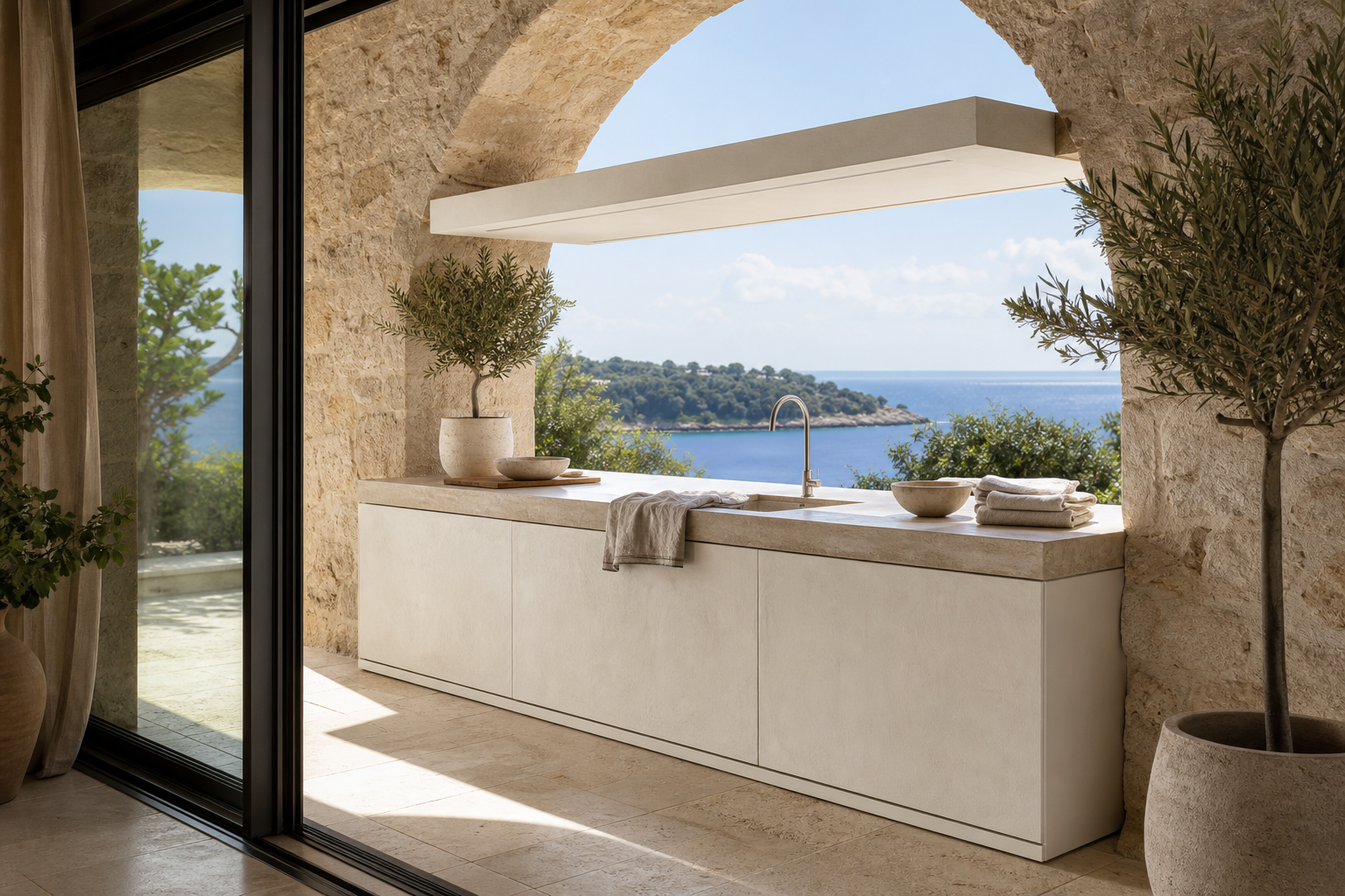 Fadior Vantage Outdoor Kitchen Suite with Canopy Rinse Hearth — lifestyle setting with natural light and residential styling