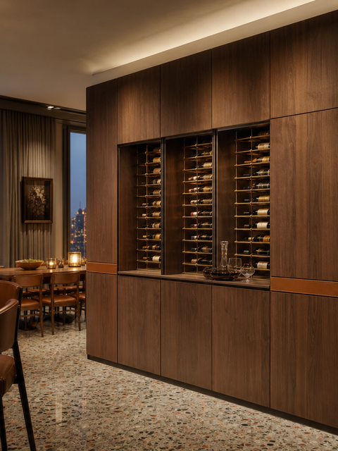 Fadior Estuary Wine Cabinet Suite with Cold-Finished Tasting Spine — 304 stainless steel wine cabinet system, front view