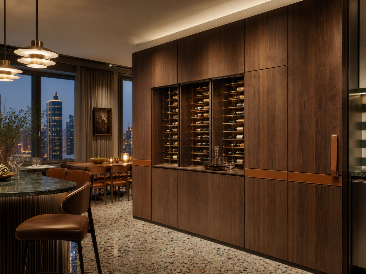 Fadior Estuary Wine Cabinet Suite with Cold-Finished Tasting Spine — 304 stainless steel wine cabinet system, front view