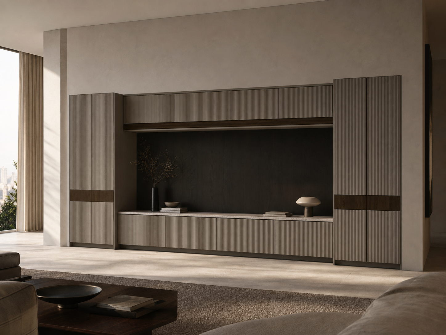 Fadior Zenith Ribbed Audio Credenza Bridge — interior room context showing cabinet integration
