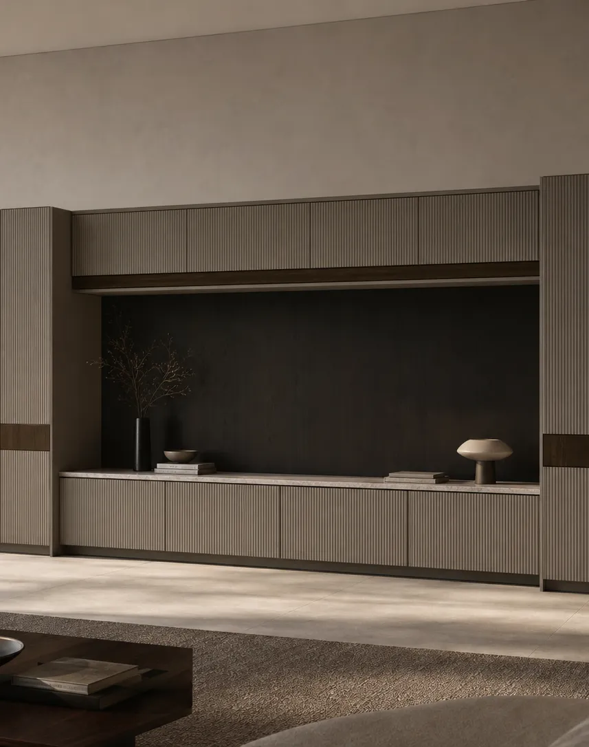 Fadior Zenith Ribbed Audio Credenza Bridge — interior room context showing cabinet integration