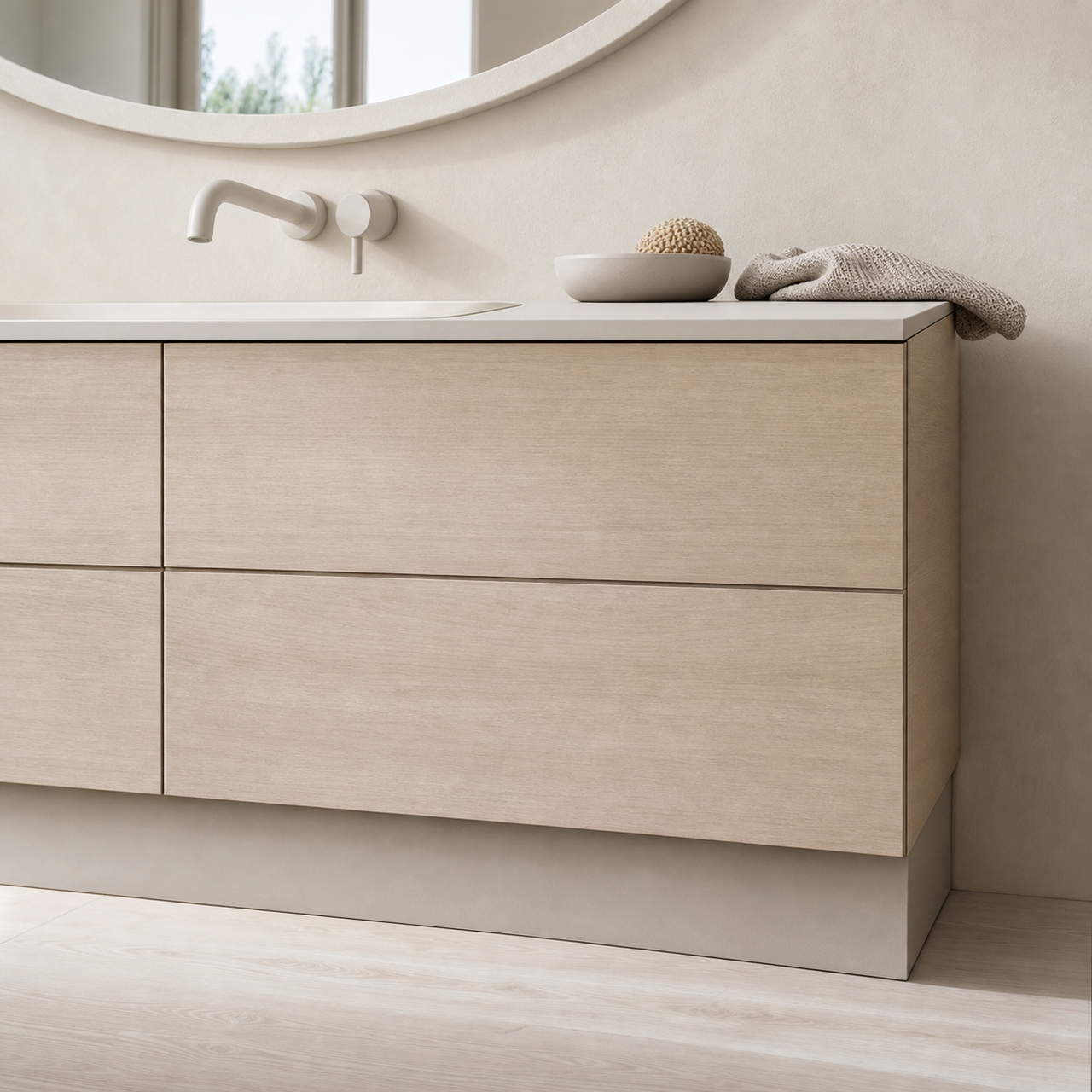 Fadior Nacre Bath and Vanity Suite with Oyster Skylight Wash Plinth — close-up of stainless steel finish and hardware detail