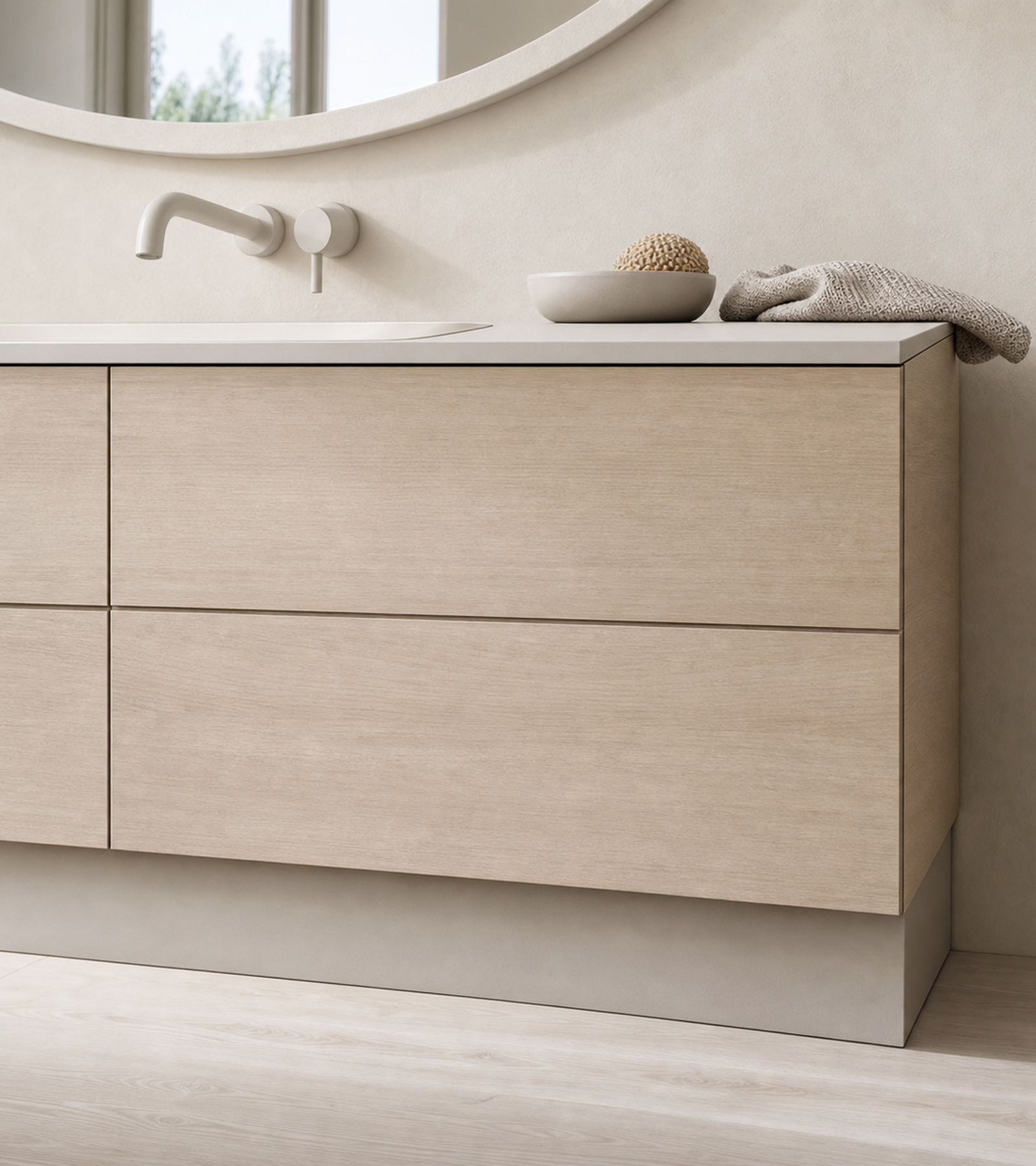 Fadior Nacre Bath and Vanity Suite with Oyster Skylight Wash Plinth — close-up of stainless steel finish and hardware detail