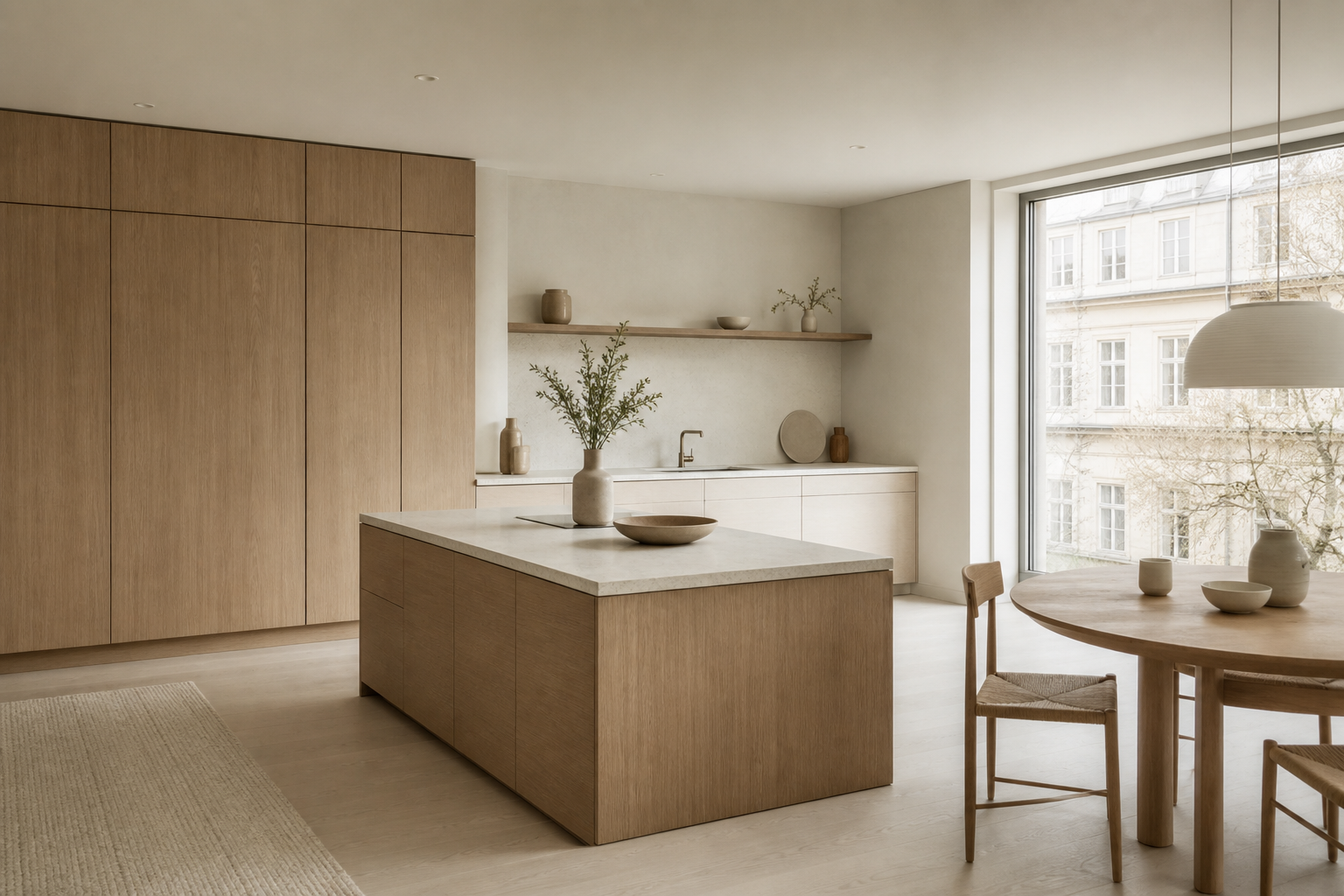 Kitchen atmosphere with blond ash storage, chalk white plaster, and soft window light for silent movement planning.