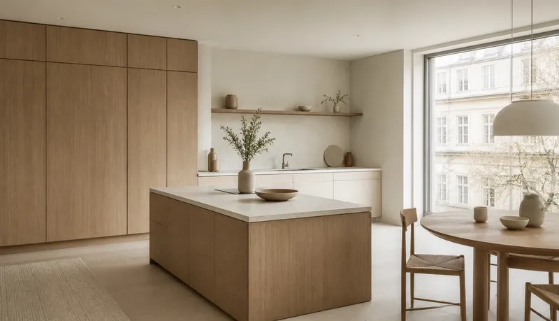 Kitchen atmosphere with blond ash storage, chalk white plaster, and soft window light for silent movement planning. — 304 stainless steel cabinetry editorial by Fadior