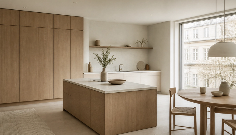 Kitchen atmosphere with blond ash storage, chalk white plaster, and soft window light for silent movement planning. — 304 stainless steel cabinetry editorial by Fadior