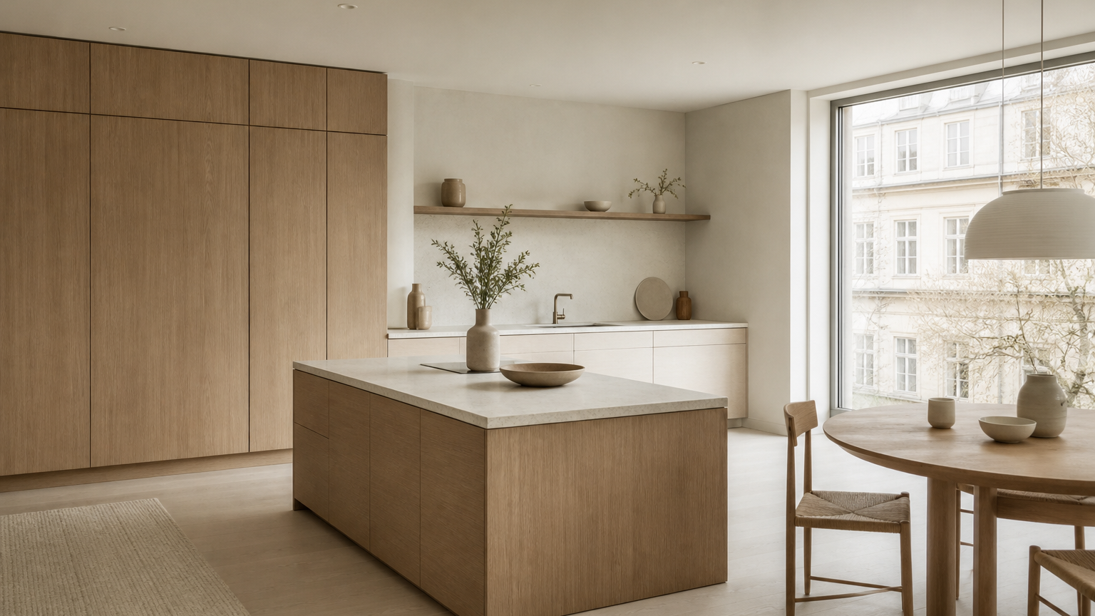 Kitchen atmosphere with blond ash storage, chalk white plaster, and soft window light for silent movement planning.