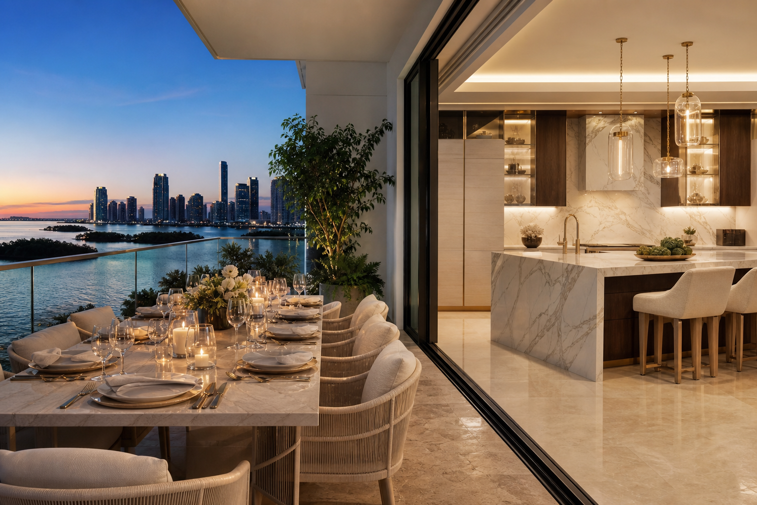 Fadior Miami 120 sqm Kitchen Apartment — Miami balcony dining setting with cabinet finish, table, skyline glazing, limestone floor, and warm evening light