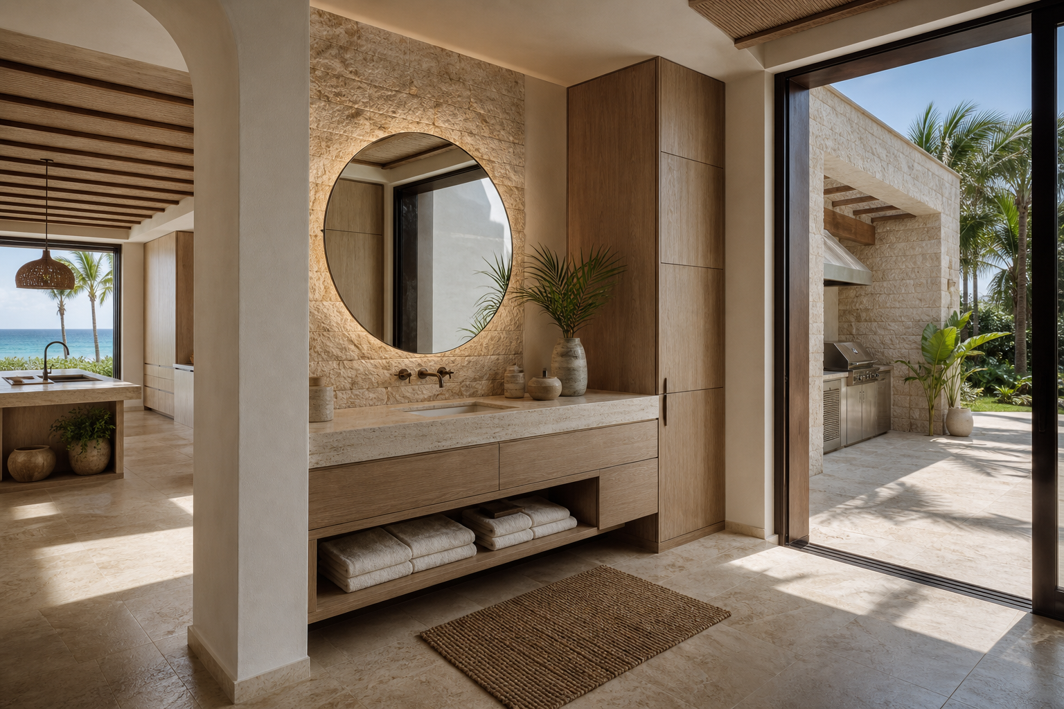 Fadior Miami Garden Courtyard Villa — Miami vanity and outdoor galley threshold with round mirror, stone counter, wood cabinet tower, towels, travertine floor, palm courtyard, and outdoor kitchen