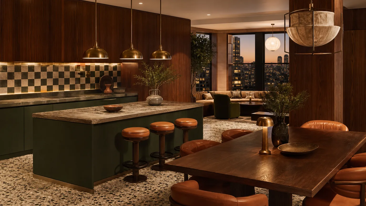 Kitchen atmosphere with walnut paneling, muted green fronts, and clubhouse warmth for hospitality design.
