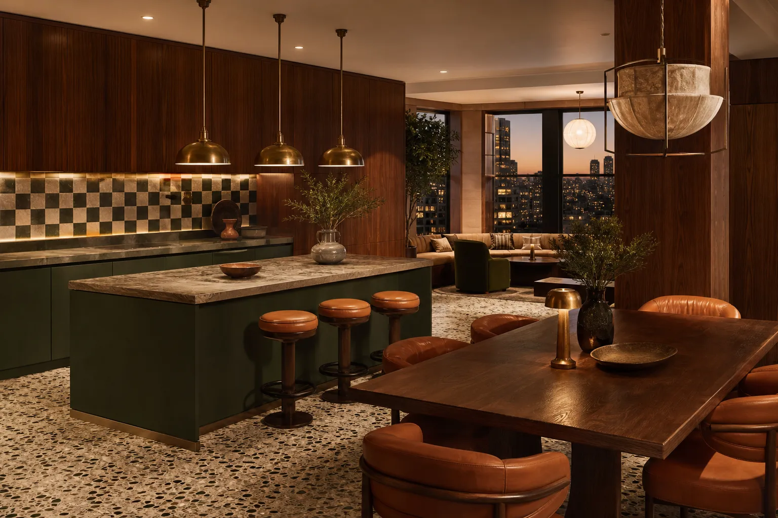 Kitchen atmosphere with walnut paneling, muted green fronts, and clubhouse warmth for hospitality design.