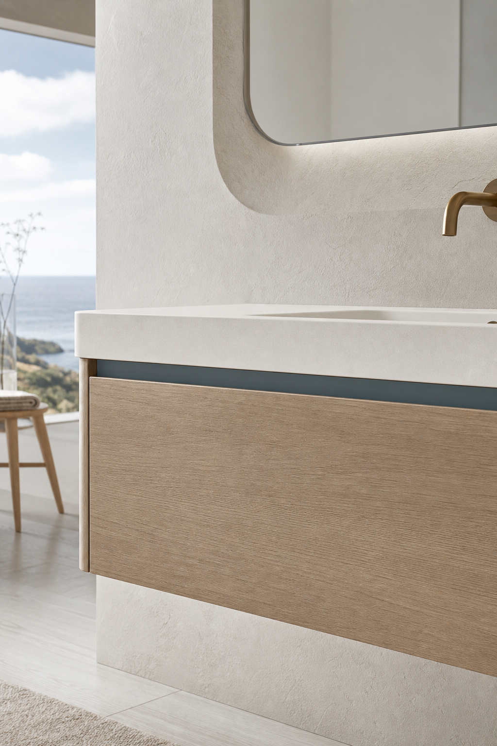 Fadior Alcove Bath and Vanity Suite with Misty Blue Floating Basin Wall — close-up of stainless steel finish and hardware detail