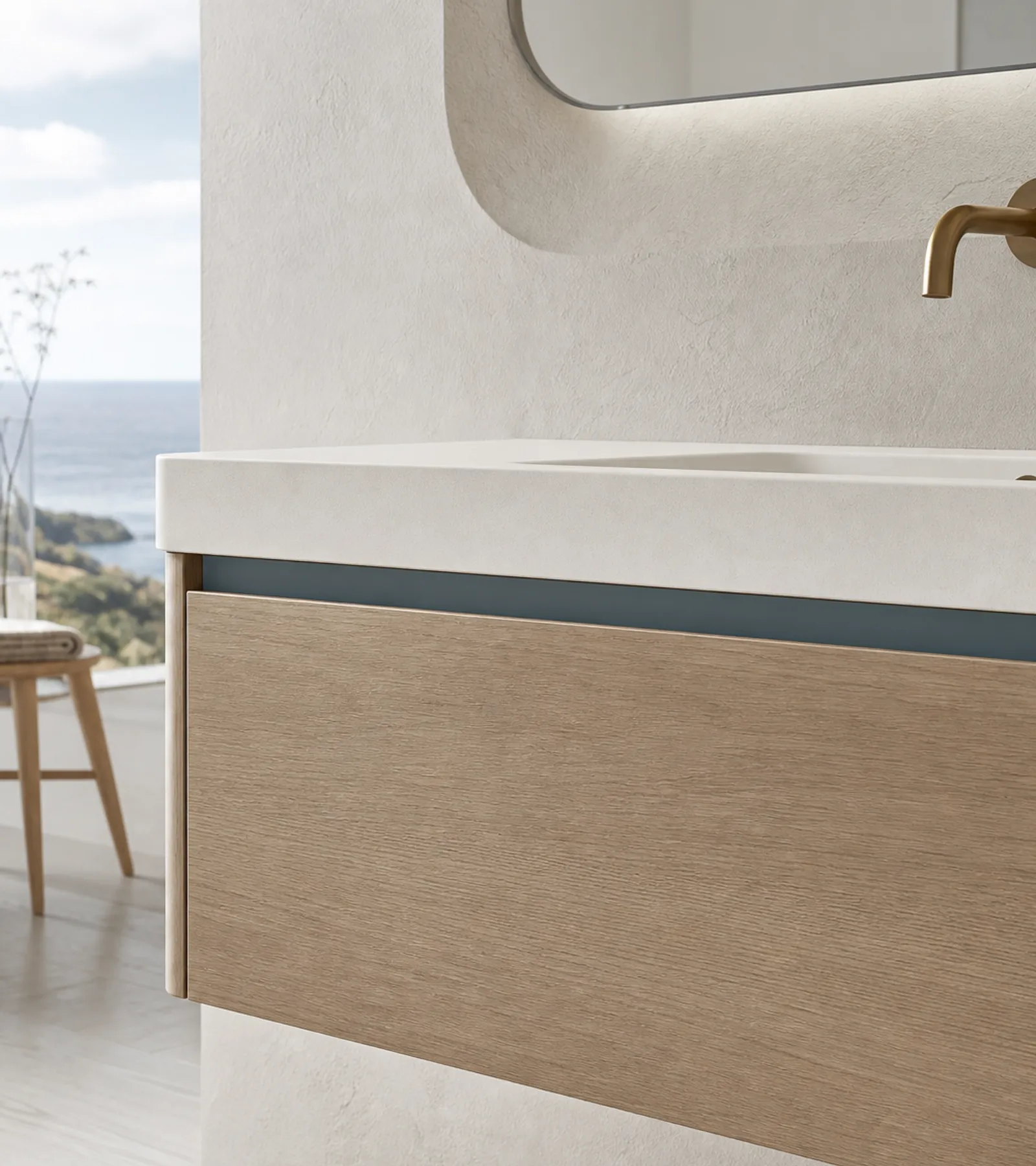 Suite de Baño y Tocador Alcove con Pared de Lavabo Flotante Azul Brumoso acabado y detalle