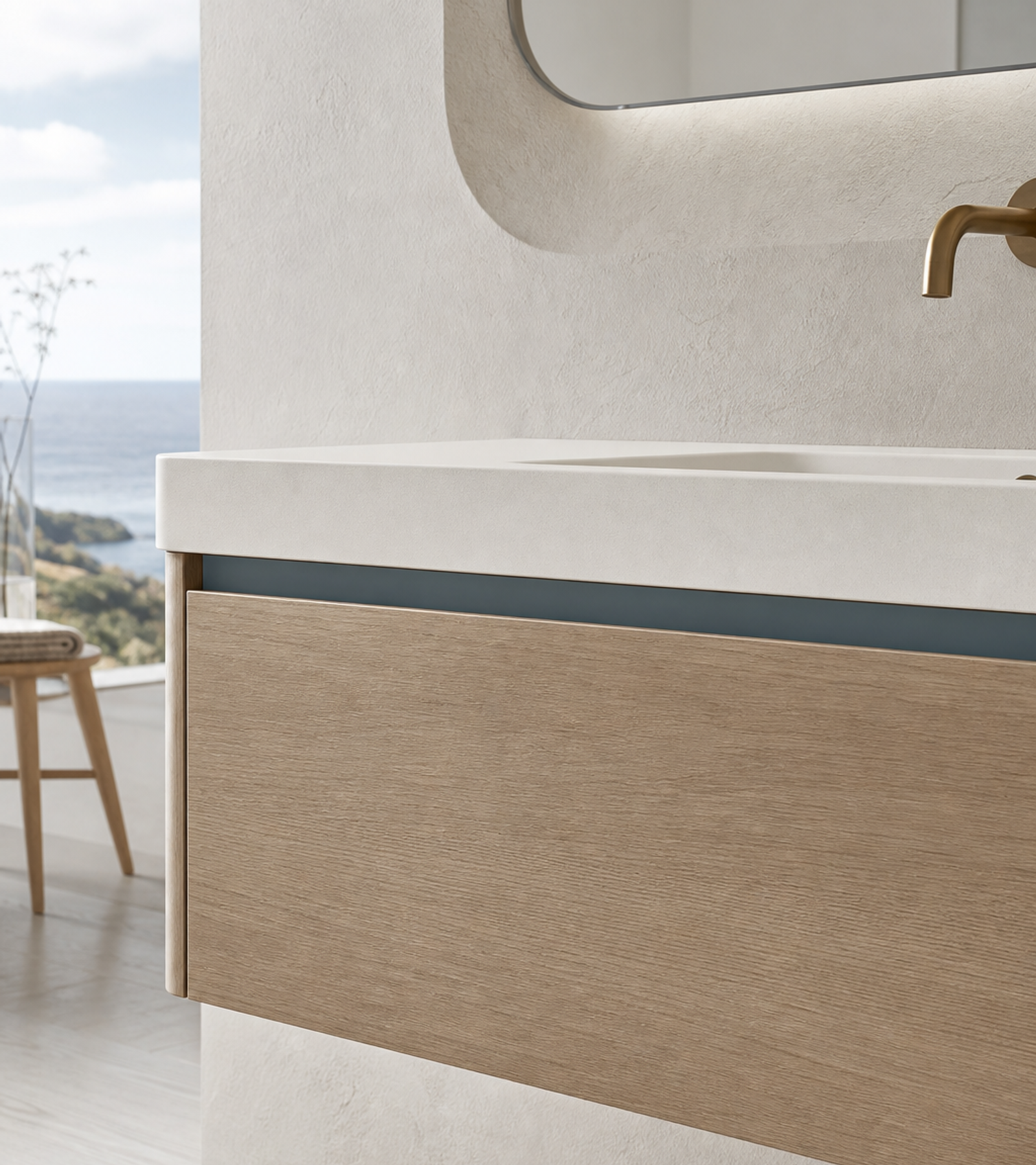 Fadior Alcove Bath and Vanity Suite with Misty Blue Floating Basin Wall — close-up of stainless steel finish and hardware detail