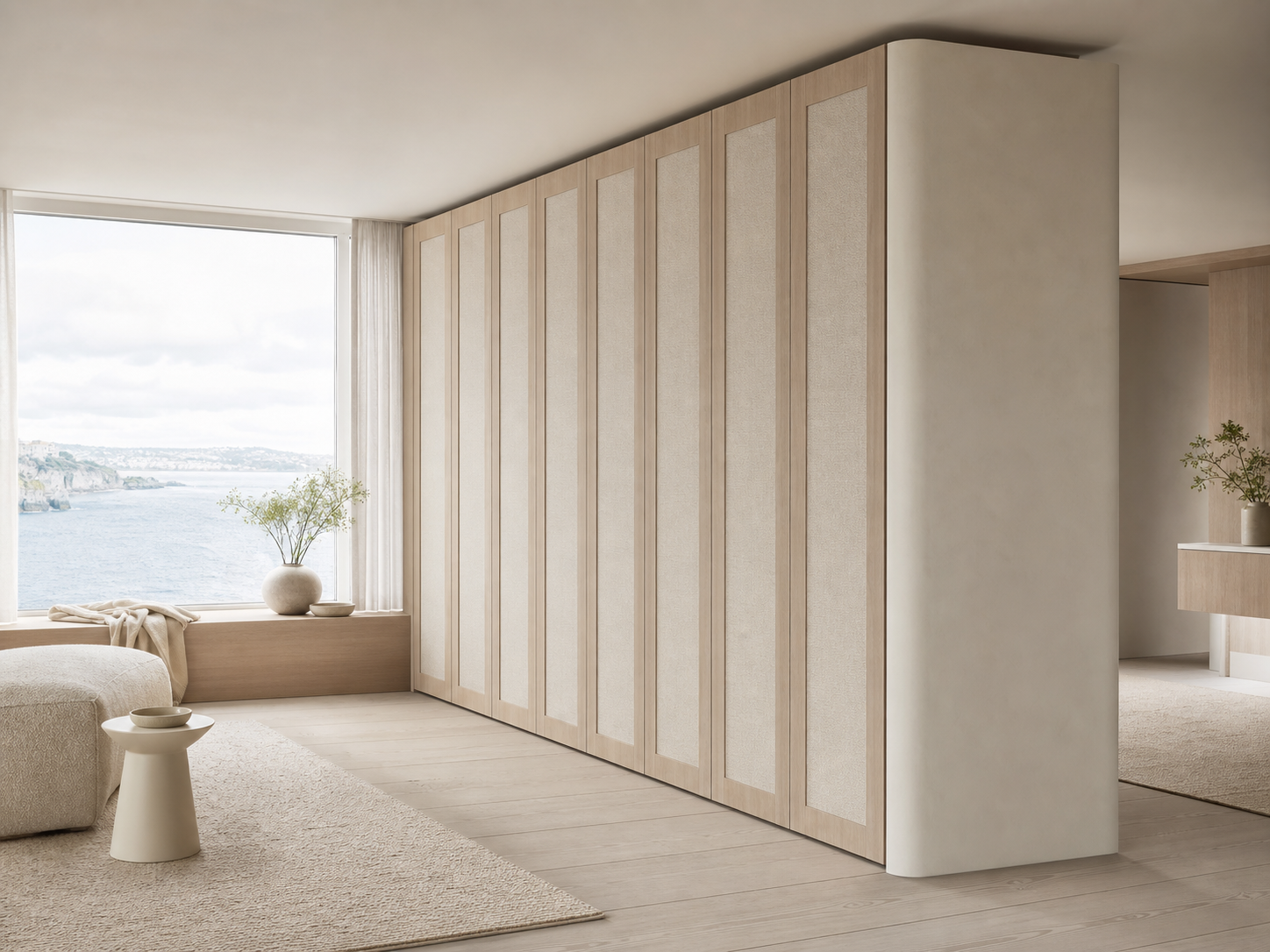 Fadior Eclipse Wardrobe Suite with Chalk Plaster Dressing Portico — interior room context showing cabinet integration