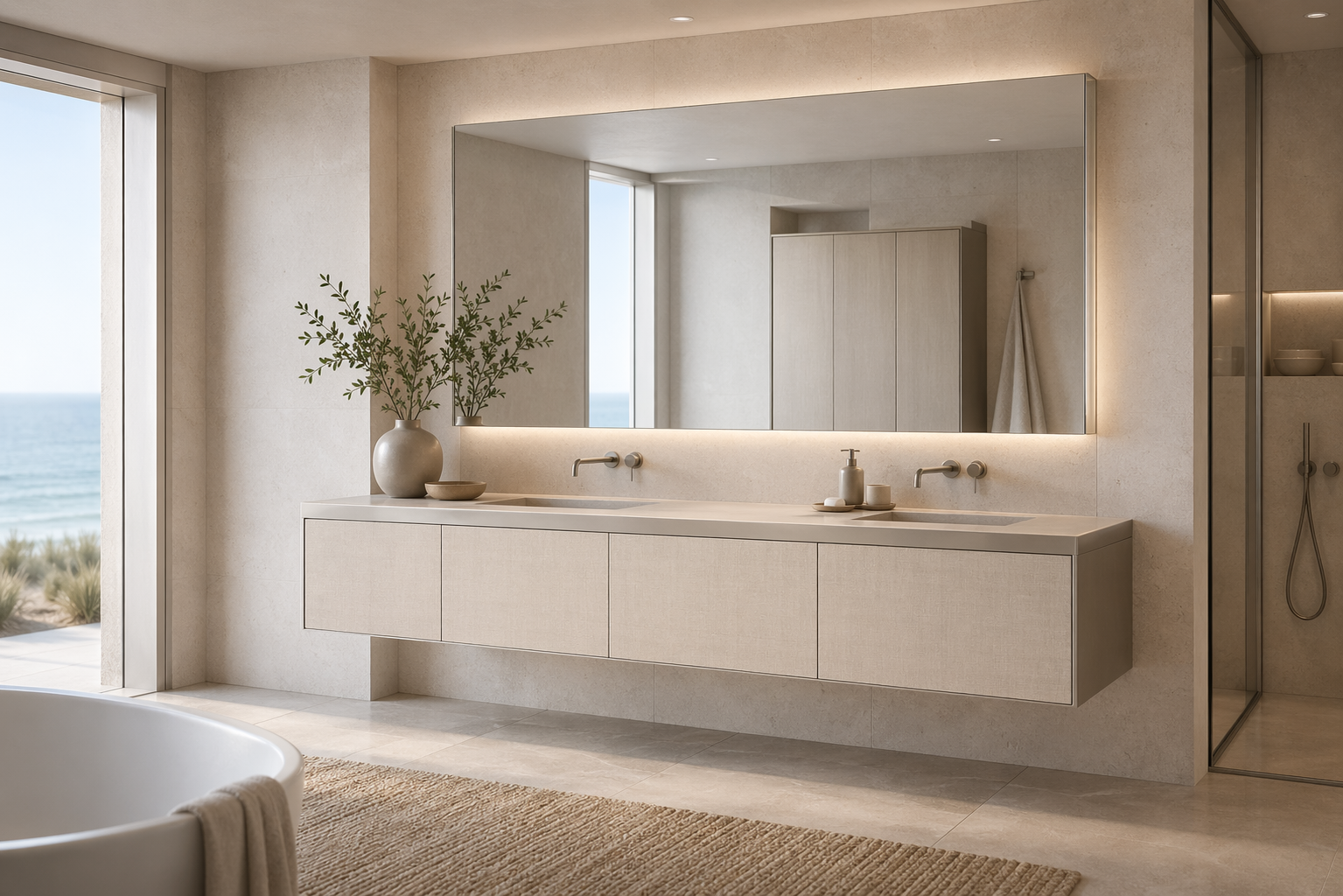 Fadior Acqua Bath And Vanity Suite with Coastal Linen Finish — interior room context showing cabinet integration