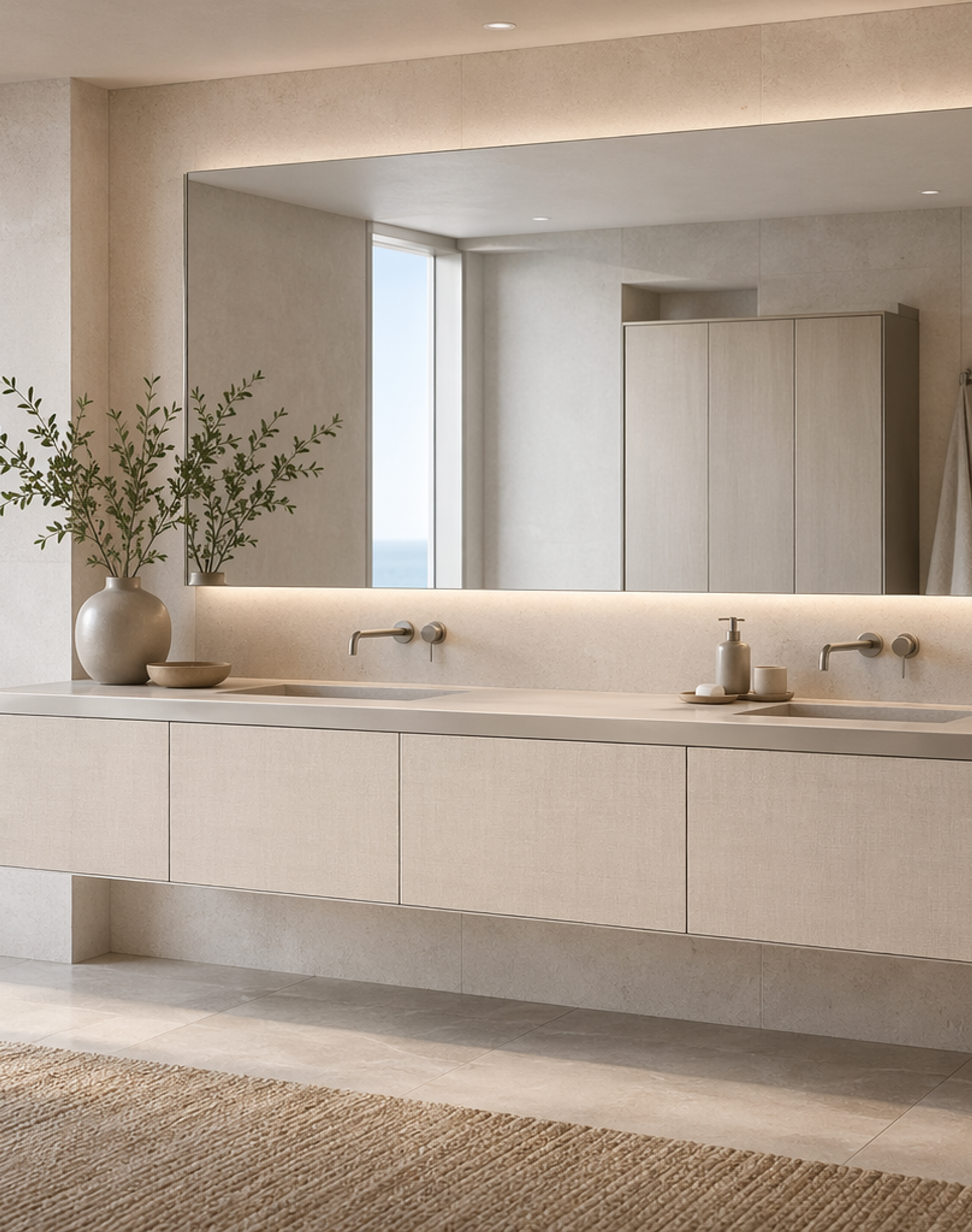 Fadior Acqua Bath And Vanity Suite with Coastal Linen Finish — interior room context showing cabinet integration