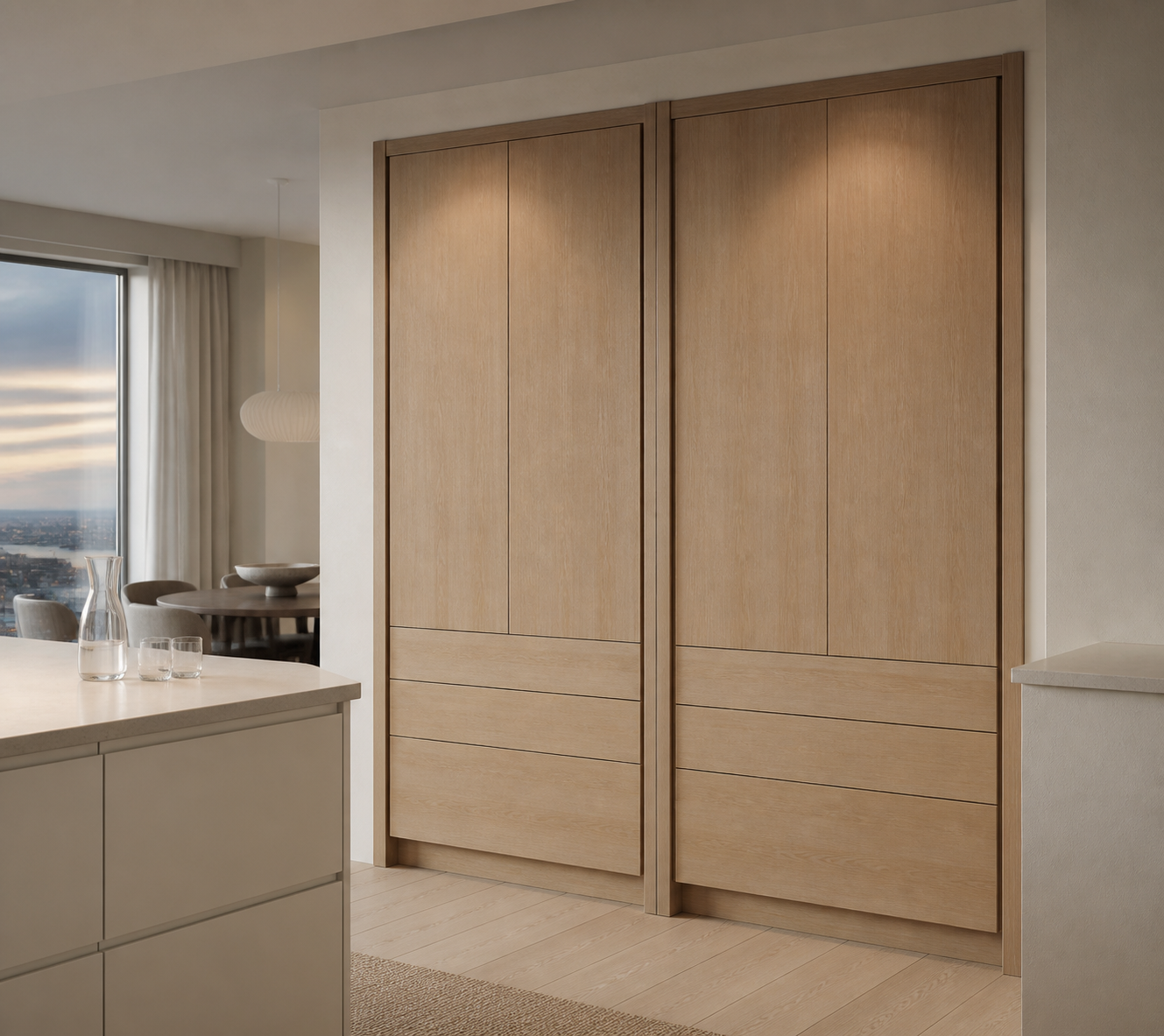 Fadior Grotto Wine Cabinet Suite with Nimbus Cask Pilaster — lifestyle setting with natural light and residential styling