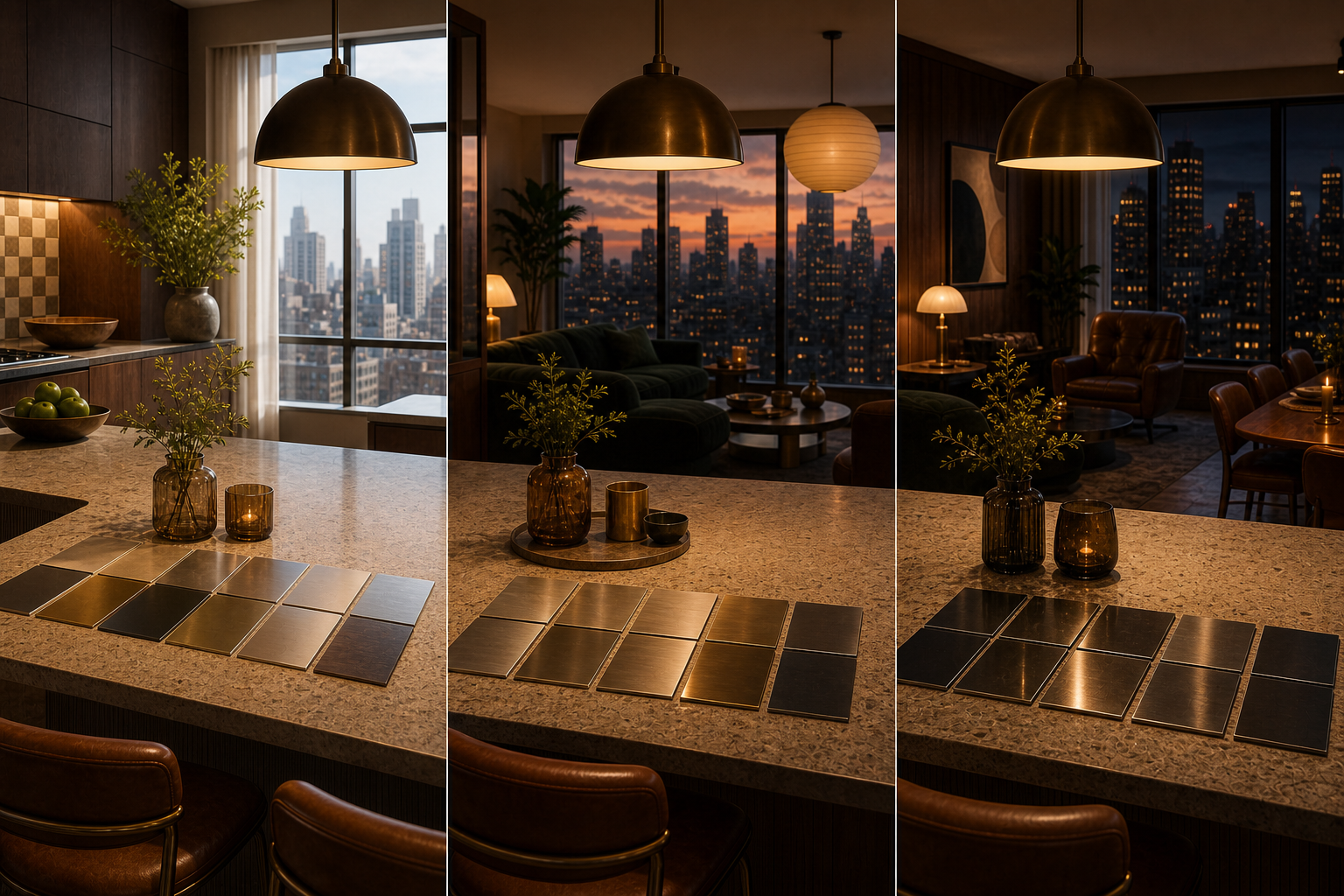 Conceptual comparison scene with finish samples arranged for daylight, evening light, and direction approval.