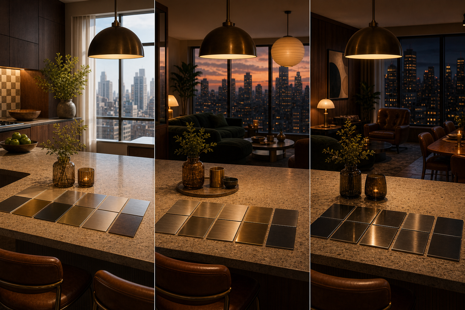 Conceptual comparison scene with finish samples arranged for daylight, evening light, and direction approval.