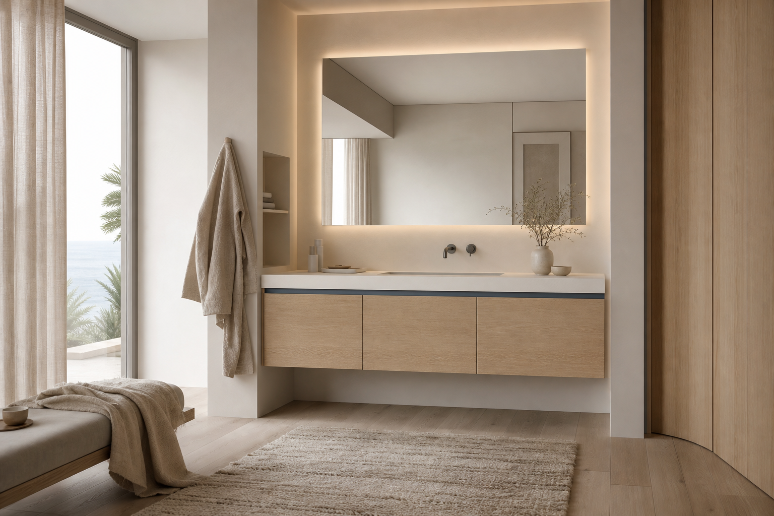 Fadior Alcove Bath and Vanity Suite with Misty Blue Floating Basin Wall — lifestyle setting with natural light and residential styling